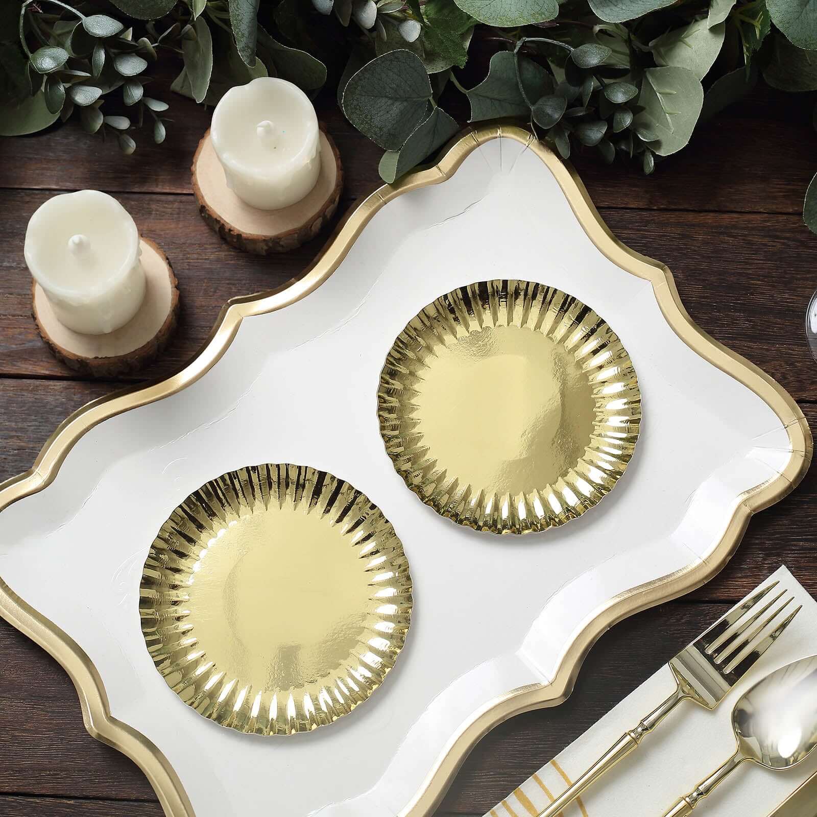 50-Pack Paper 5" Round Dessert Plates in Metallic Gold with Scalloped Rim - Disposable 250GSM Appetizer Party Plates for Banquets & Upscale Gatherings