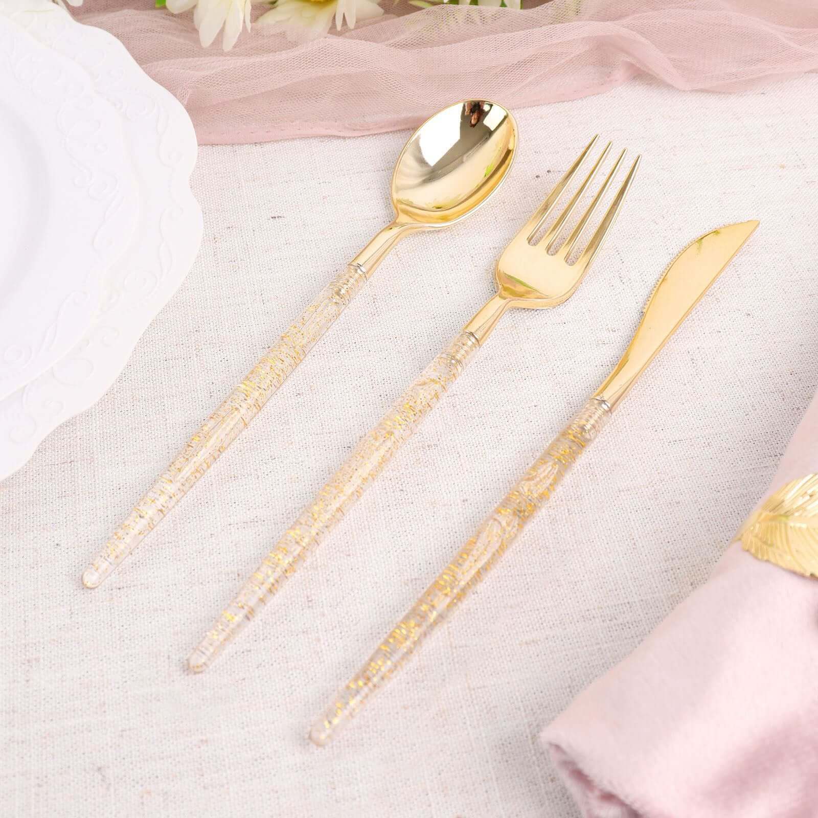 24-Pack Plastic Cutlery Set Metallic Gold with Gold Glitter - Stylish Disposable Silverware-Pack 8"