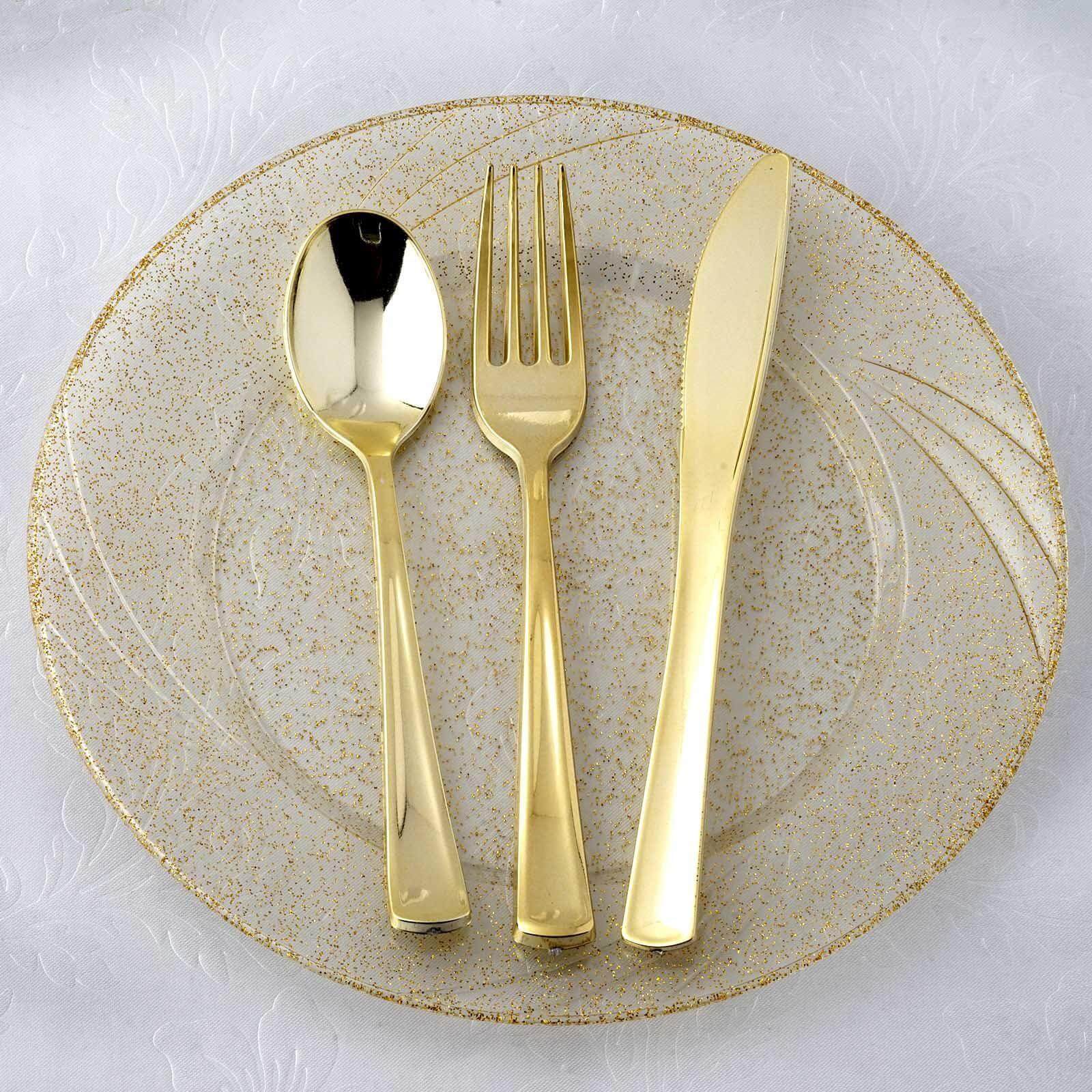 25-Pack Plastic Utensil Set Metallic Gold Classic Heavy Duty - Decorative Disposable Tableware 7", 8"