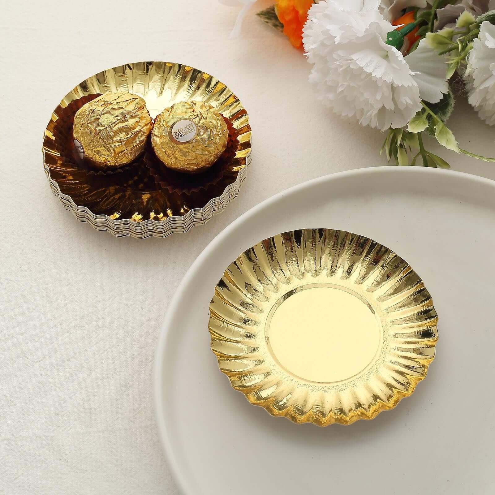 50-Pack Paper 3.5" Round Party Plates in Metallic Gold with Scalloped Rim - Disposable Mini 250GSM Dessert Plates for Tapas, Appetizers & Finger Foods