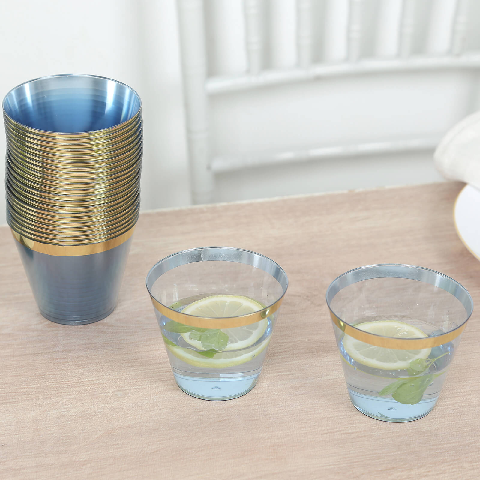 25-Pack Plastic Party Cups Transparent Dusty Blue Crystal with Gold Rim - Stylish Short Disposable Glasses 9oz