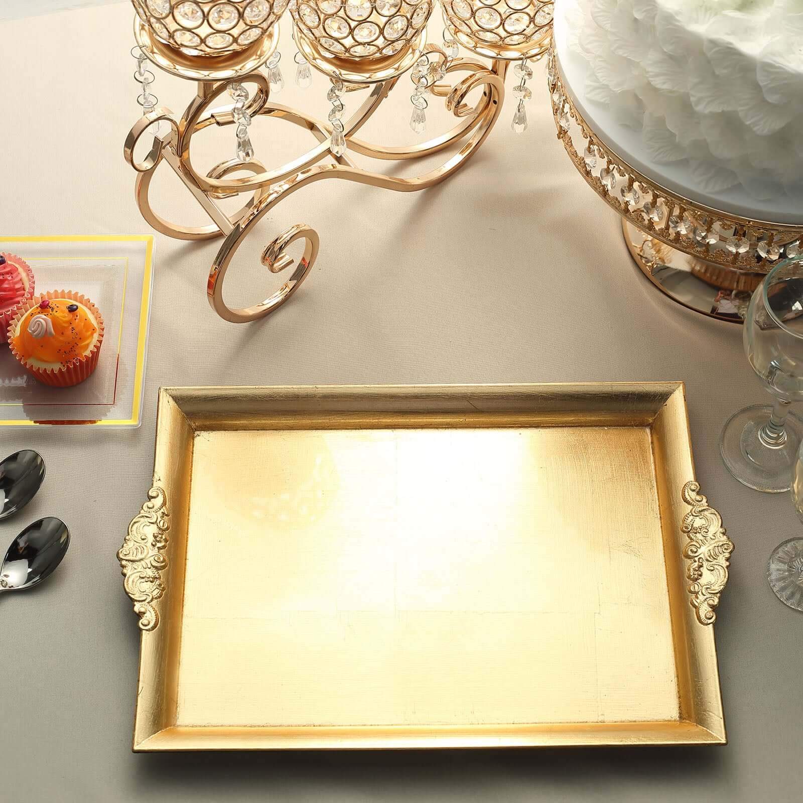 2-Pack Acrylic Rectangle Serving Trays 14"x10" in Gold with Embossed Handles, Sleek Decorative Dinner Party Food Platters