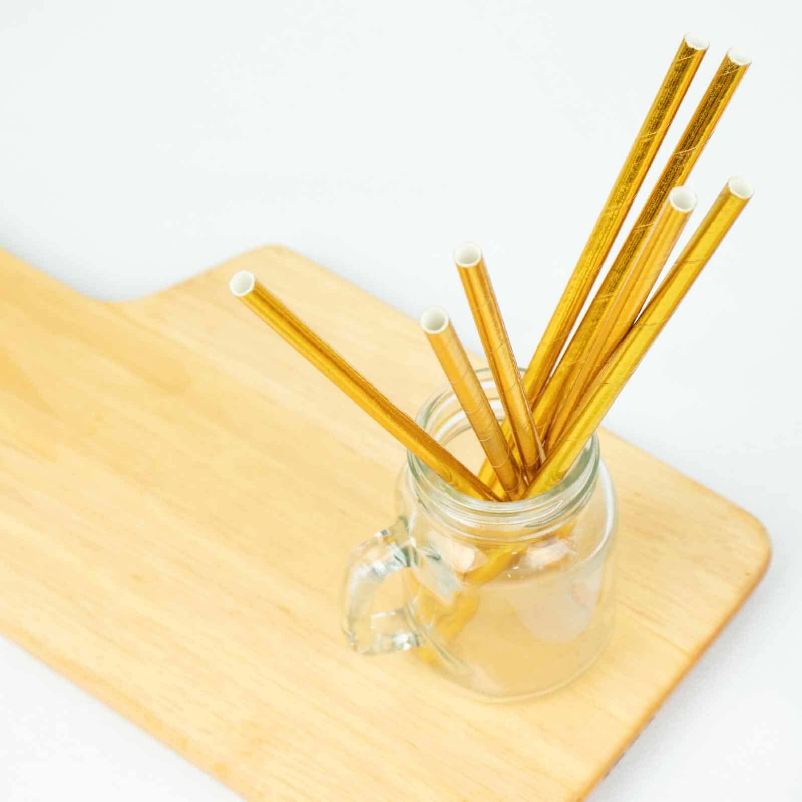 50-Pack Paper Drinking Straws Metallic Gold Foil Food Grade - Disposable Biodegradable Straws for Events 8"