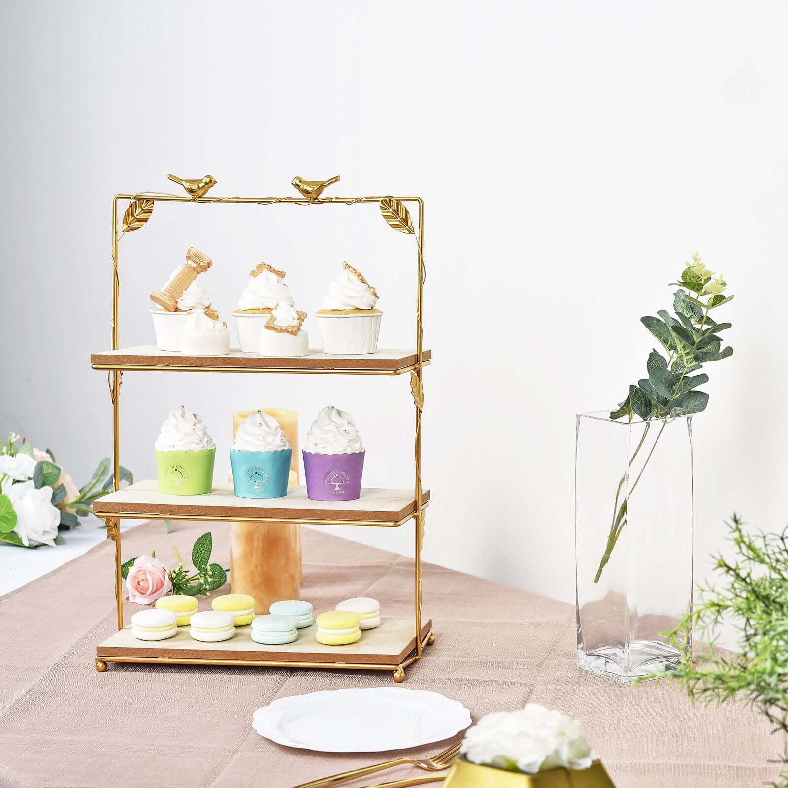 3-Tier Wooden Cheese Board Stand Rectangular Gold/Wood Slice Design - Rustic Cupcake Tower Centerpiece with Assembly Tools 19"
