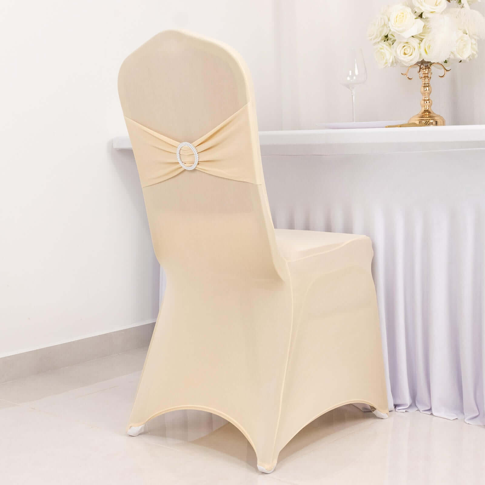 Spandex Chair Cover with Beige Rhinestone Buckled Sash Band Blush - Stretch Fitted Slipcover