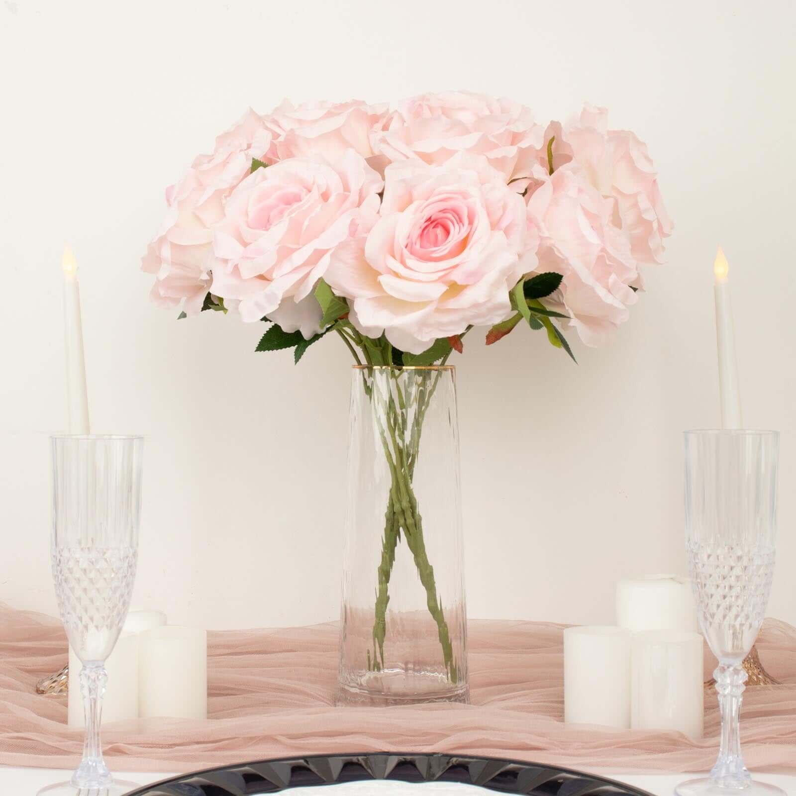 2 Bushes 17" Blush Premium Silk Jumbo Rose Flower Bouquet, High Quality Artificial Wedding Floral Arrangements
