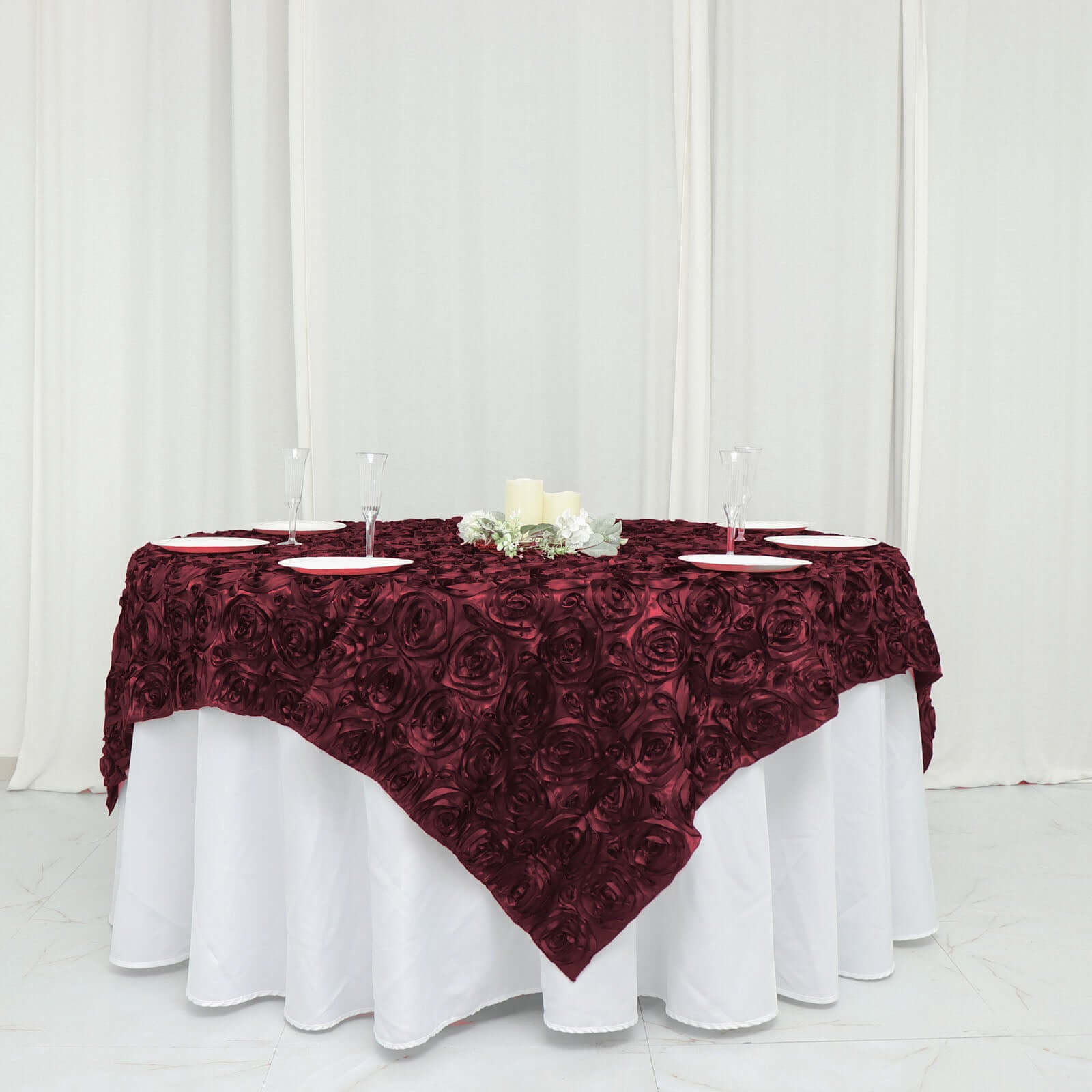 Satin 72"x72" Table Overlay Square Tablecloth Burgundy - 3D Rosette Table Cover