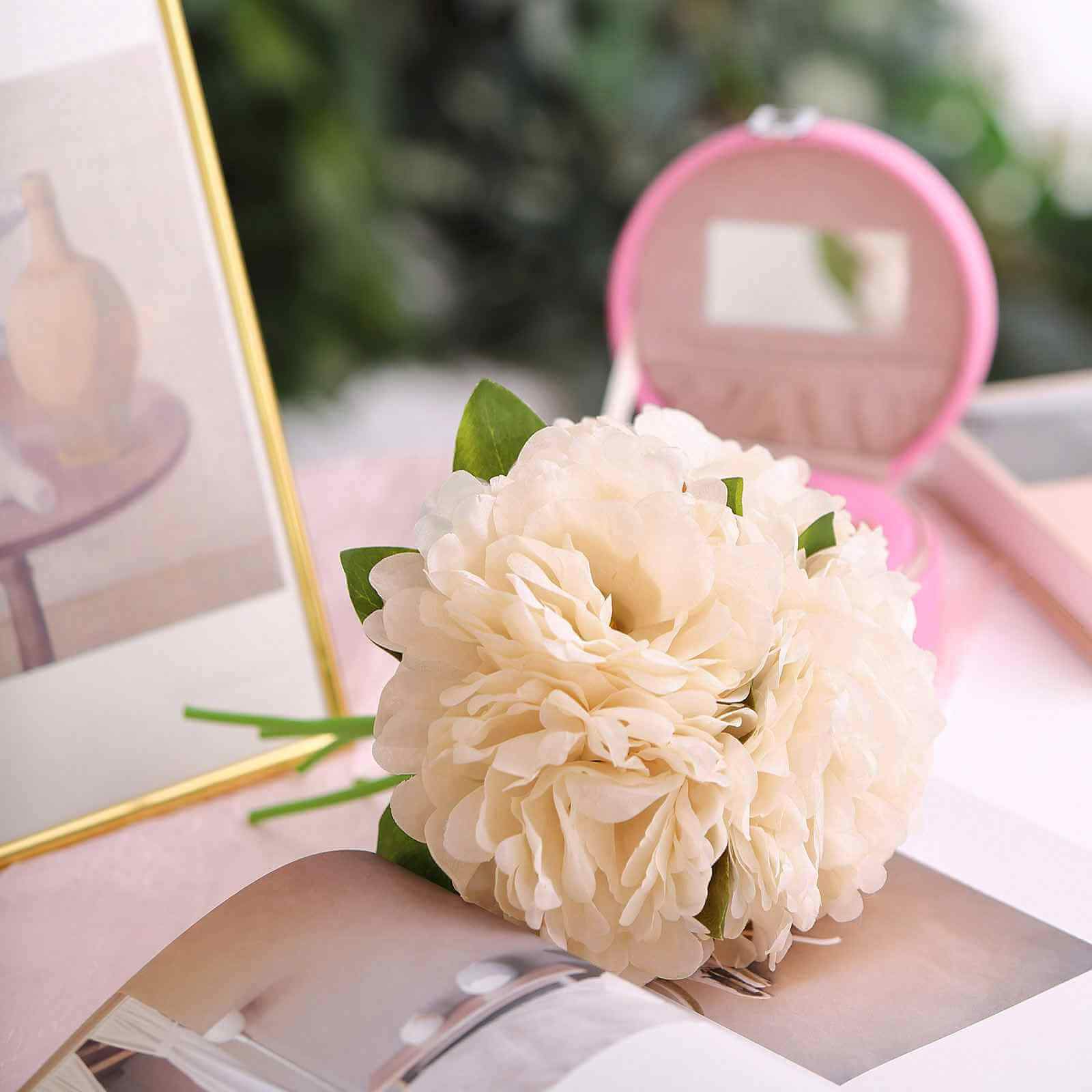 11" Blush Cream Real Touch Artificial Silk Peonies Flower Bouquet