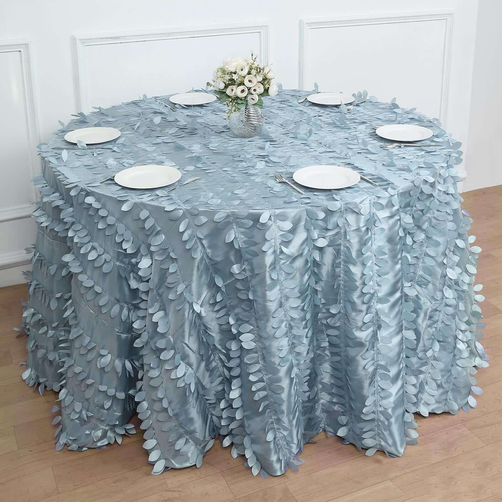 Taffeta 120" Round Tablecloth Dusty Blue | 3D Leaf Petal Design Seamless Table Cover