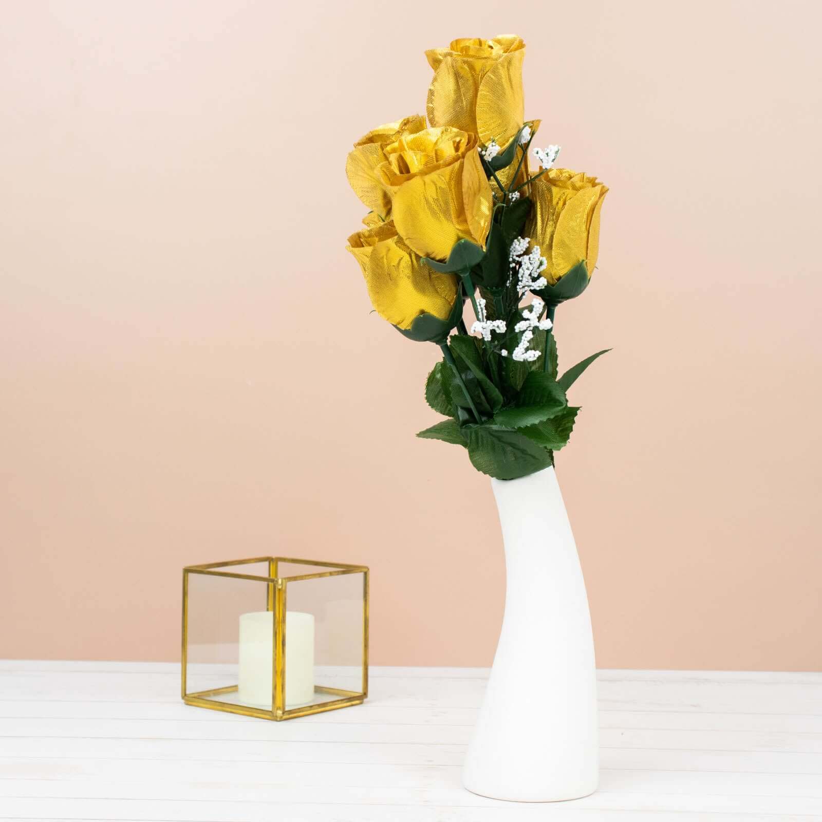 12 Bushes Gold Artificial Premium Silk Flower Rose Bud Bouquets