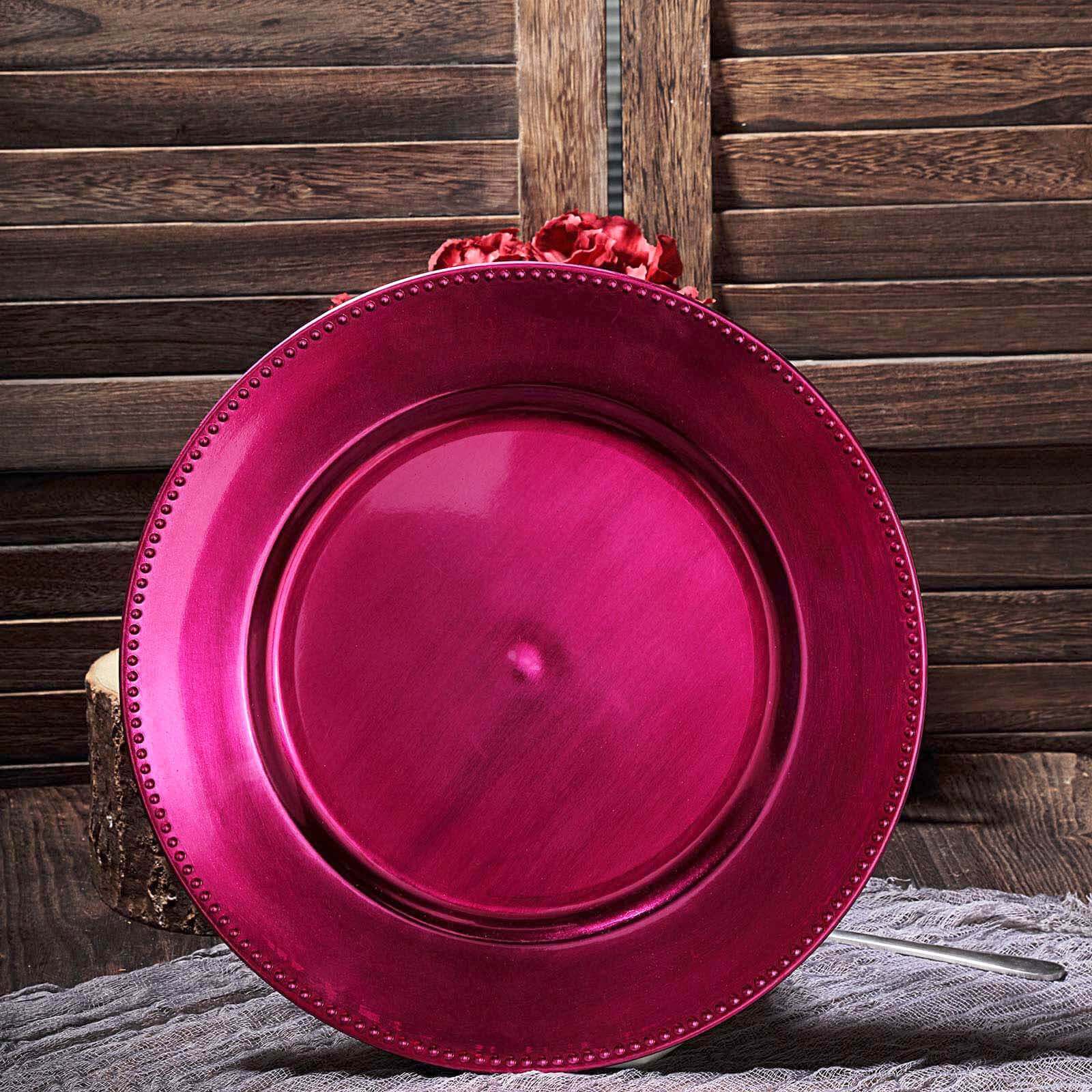 6-Pack Acrylic Round Charger Plates 13" in Hot Pink with Beaded Rim, Dinner Charger Event Tabletop Decor