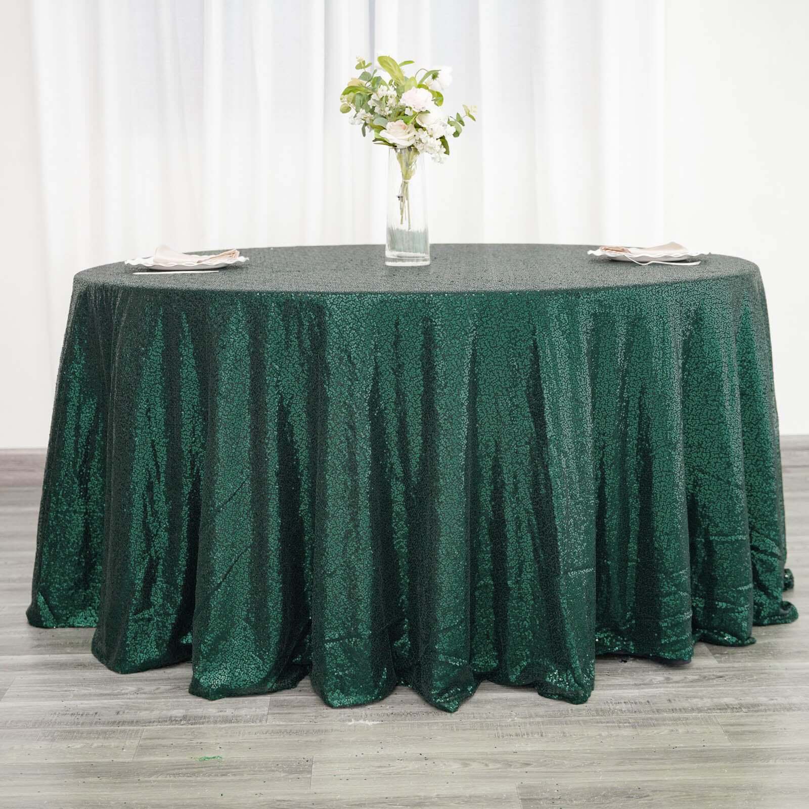 Sequin 120" Round Tablecloth Hunter Emerald Green - Seamless Glittering Table Cover