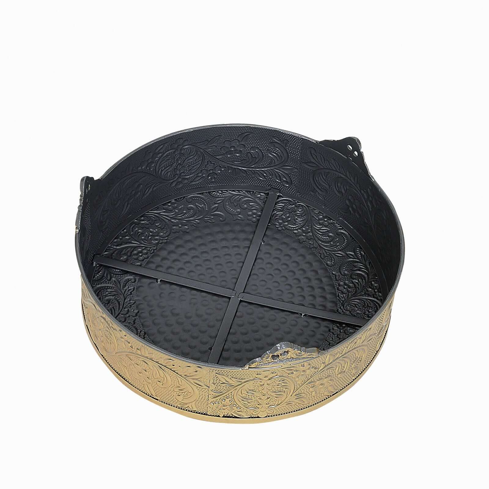 Metal 14" Round Cake Pedestal Stand Matte Gold - Cupcake Dessert Display Riser with Intricate Embossed Design for Upscale Events & Gatherings