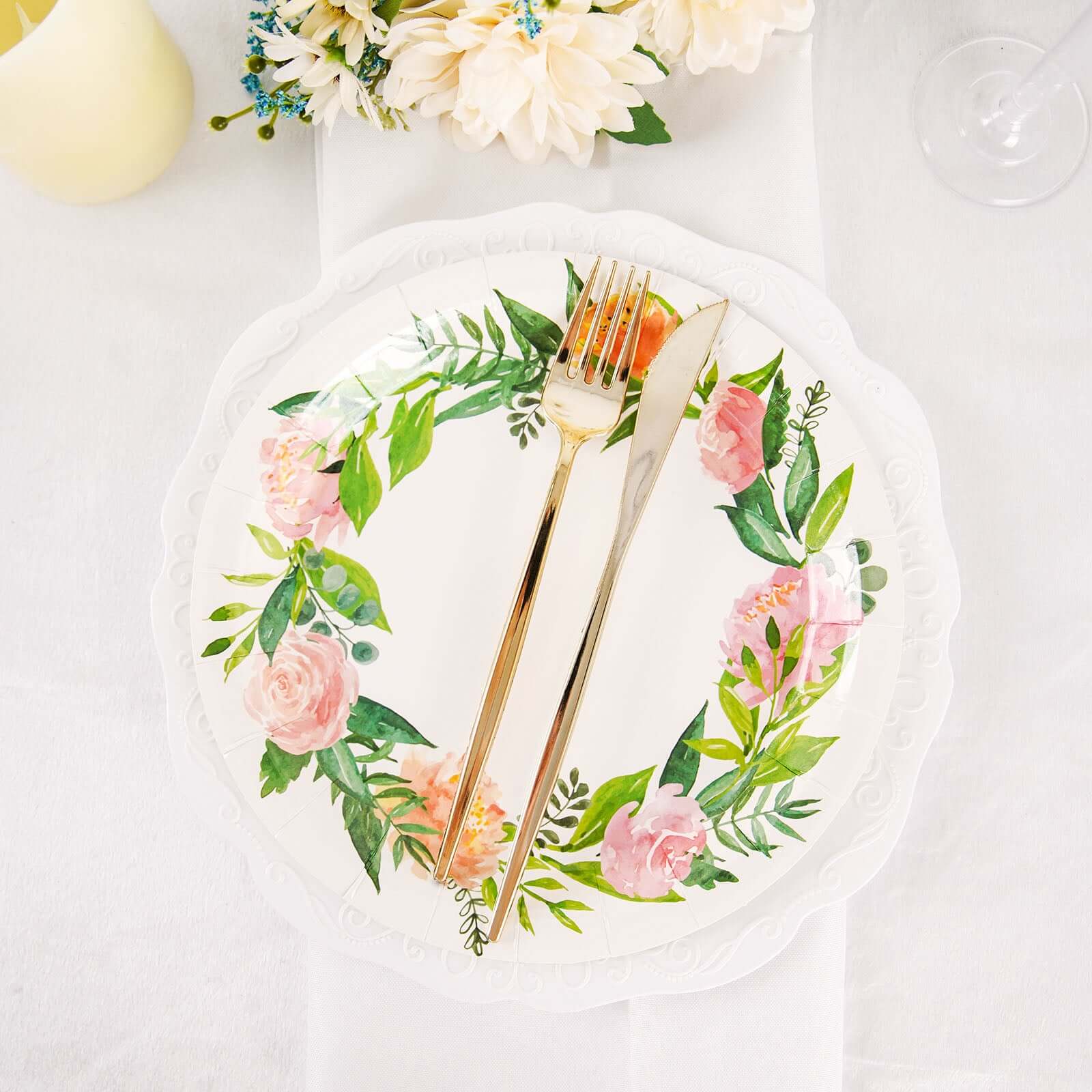 25-Pack Paper 9" Round Dinner Plates in White with Rose/Peony Flower Wreath - Disposable Party Plates for Bridal Showers & Garden Parties