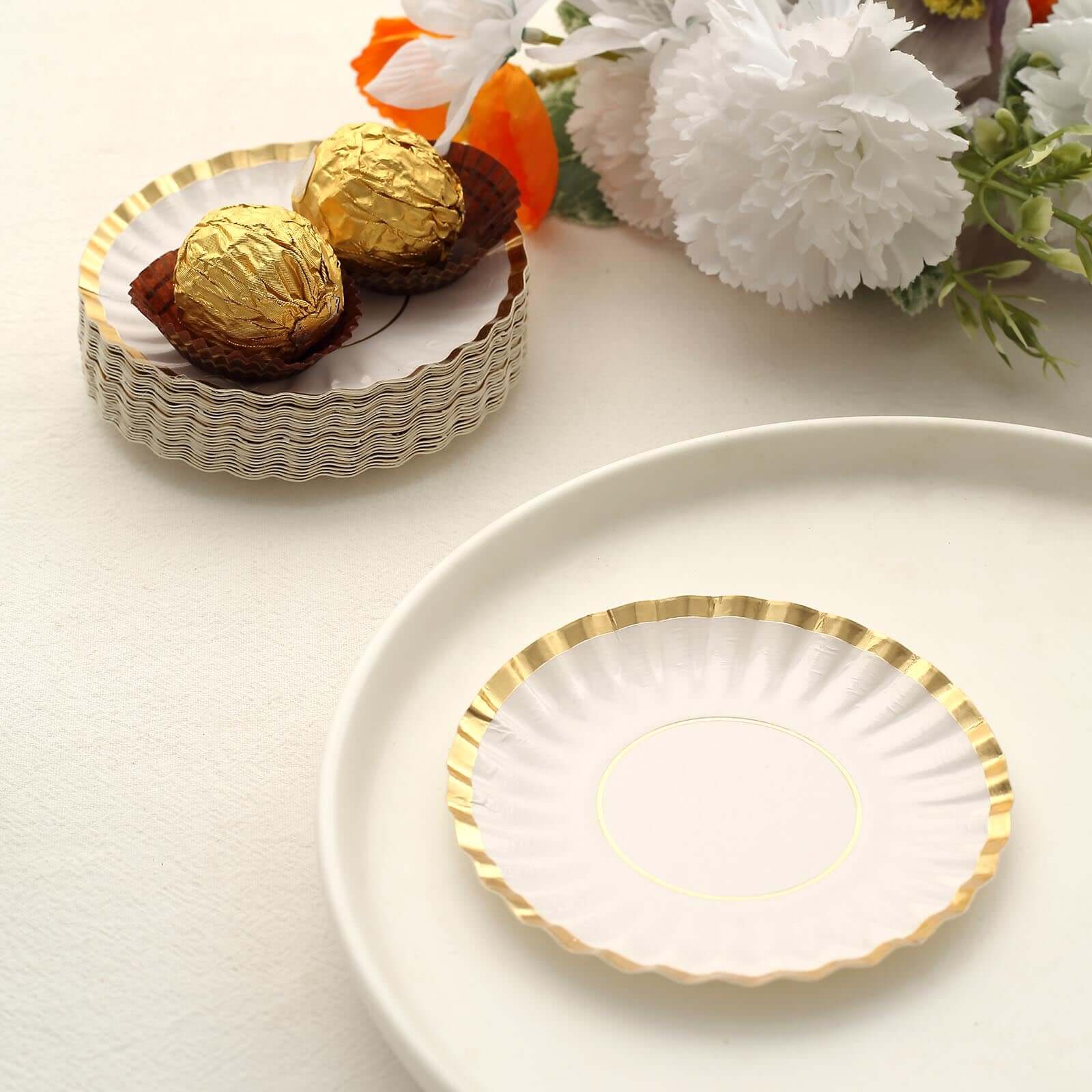50-Pack Paper 3.5" Round Party Plates in White with Gold Scalloped Rim - Disposable Mini 250GSM Dessert Plates for Tapas, Appetizers & Finger Foods