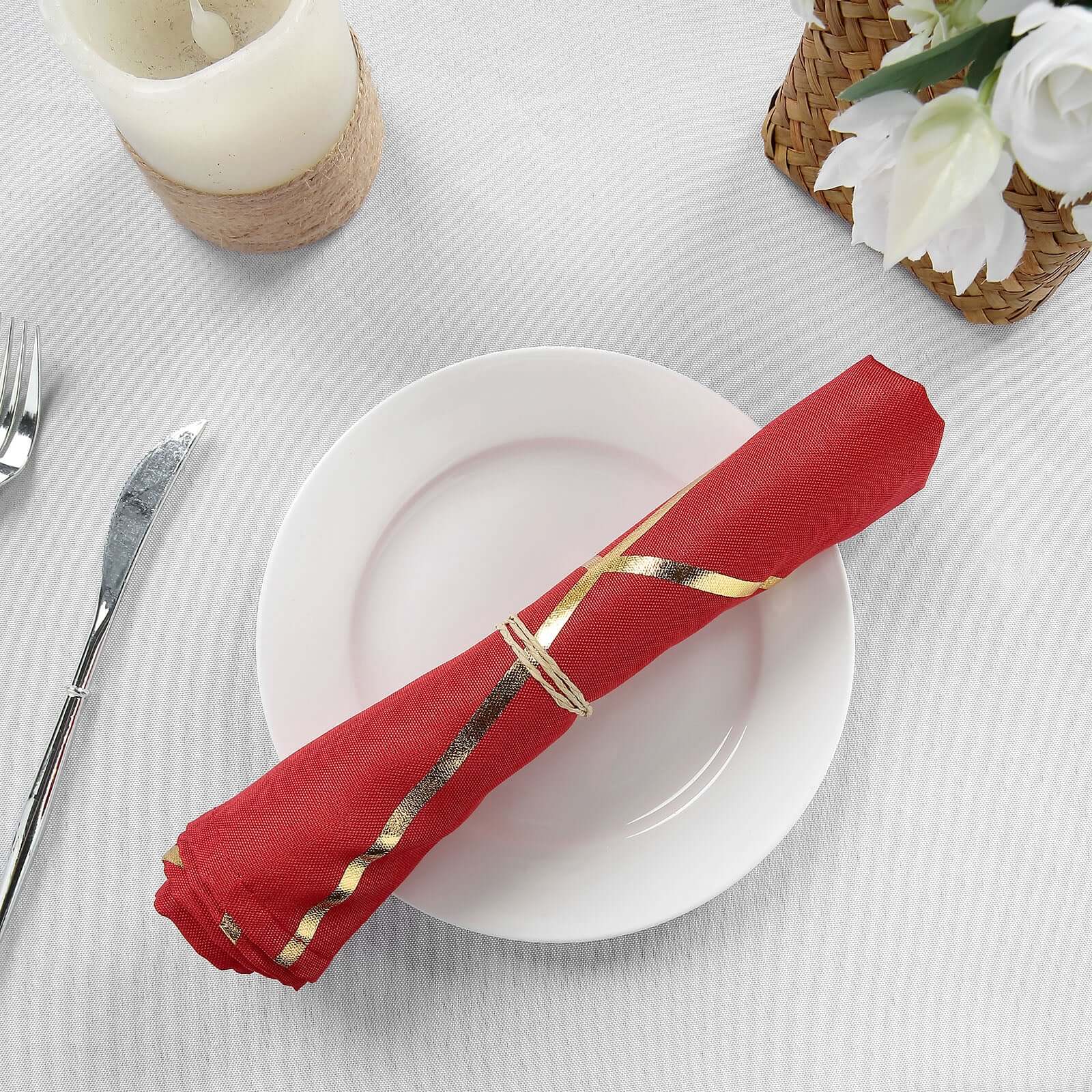 5 Pack Polyester 20"x20" Napkins Red with Gold Geometric Foil Pattern - Modern Reusable Dinner Napkins