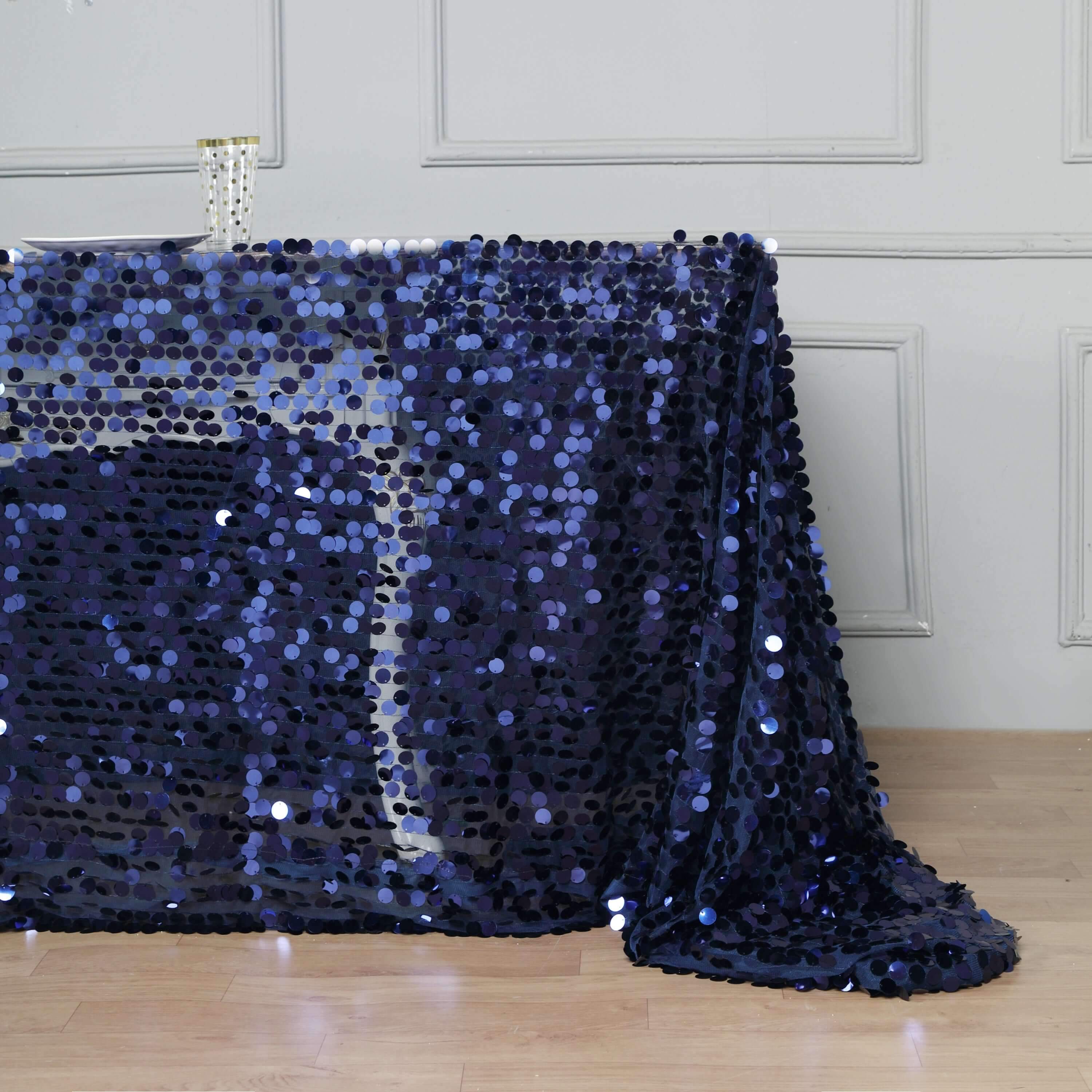 Sequin 90"x132" Rectangle Tablecloth Navy Blue - Seamless Big Payette Table Cover