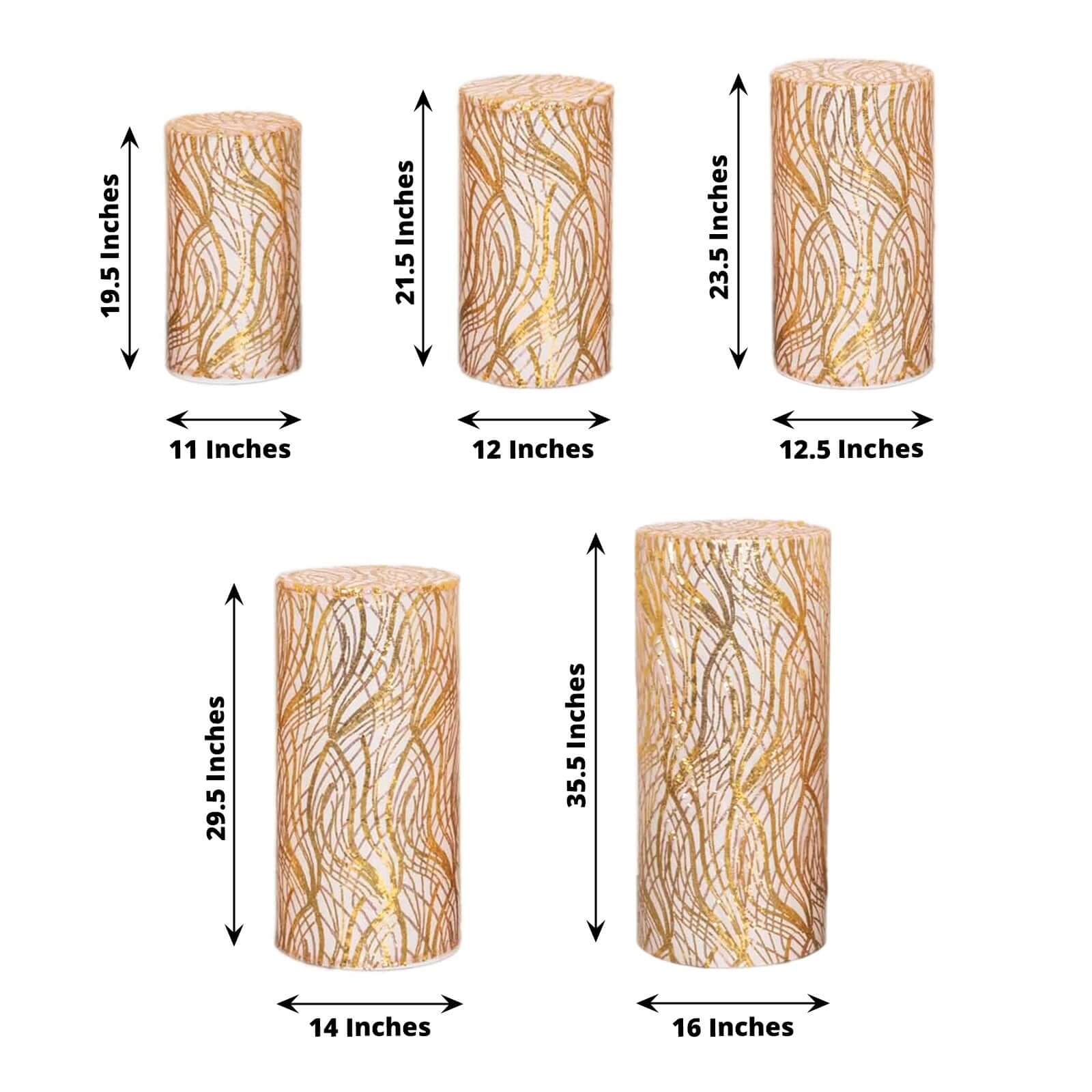 Set of 5 Rose Gold Wave Mesh Cylinder Pedestal Stand Covers with Embroidered Sequins, Pillar Prop Covers - 160 GSM
