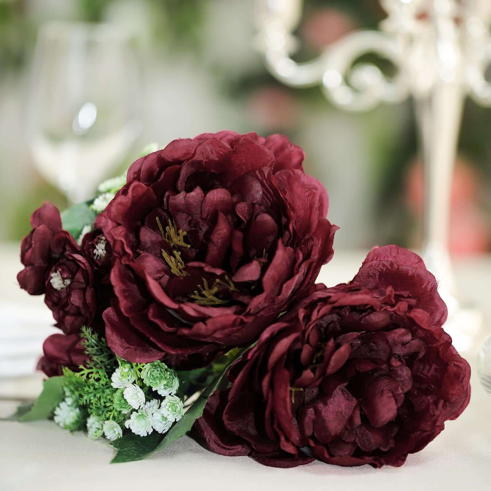 12" Burgundy Artificial Silk Peonies Bouquet, Faux Peony Spray Bush