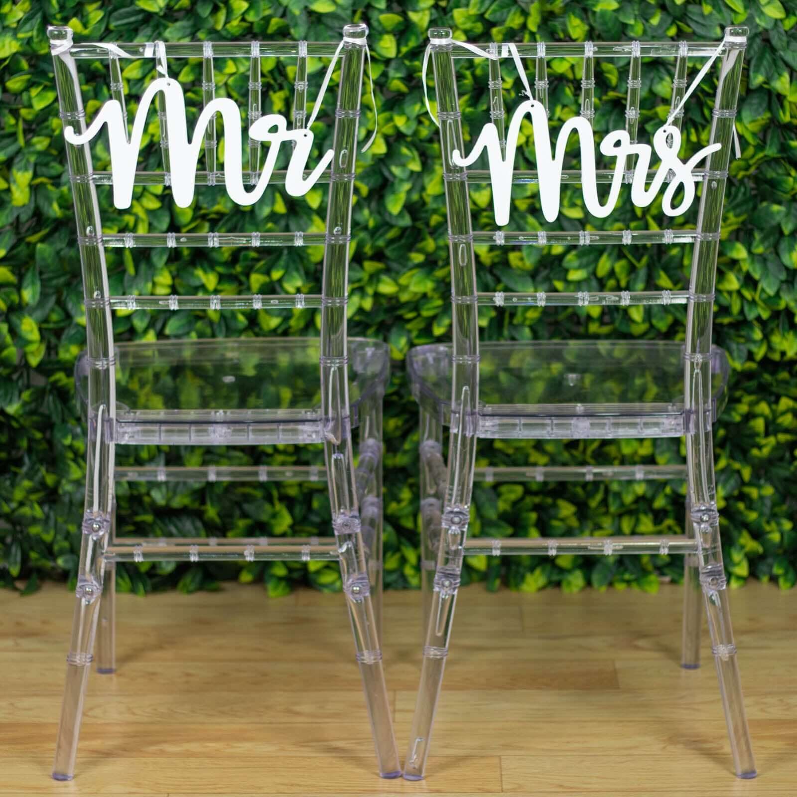 Set of 2 Wood Mr and Mrs Chair Signs White - Chic Calligraphy Wall Hanging Wedding Decor & Props 12"x6"