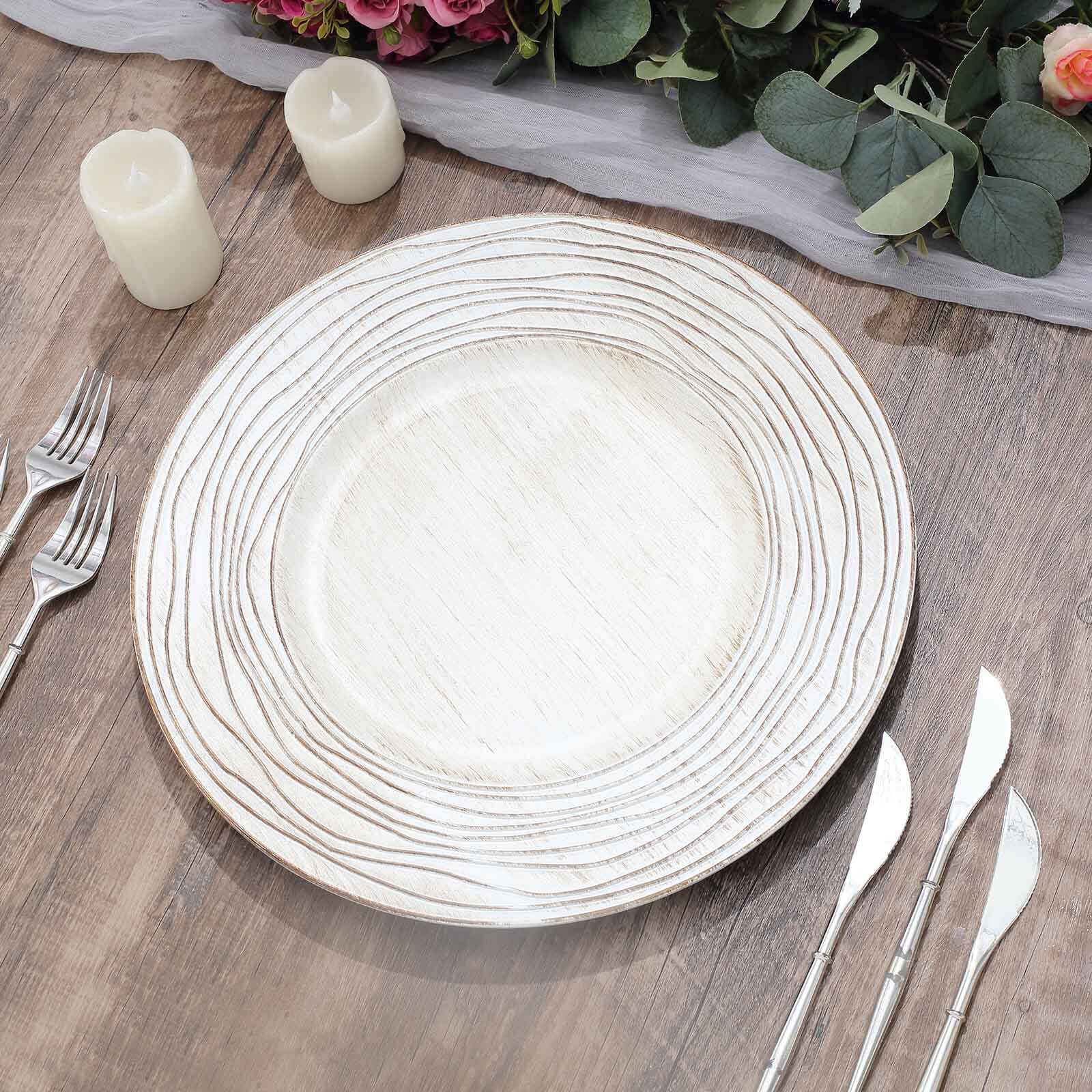 6-Pack Faux Wood Round Charger Plates 13" White Washed with Rose Embossed Rim, Disposable Plastic Charger Tableware