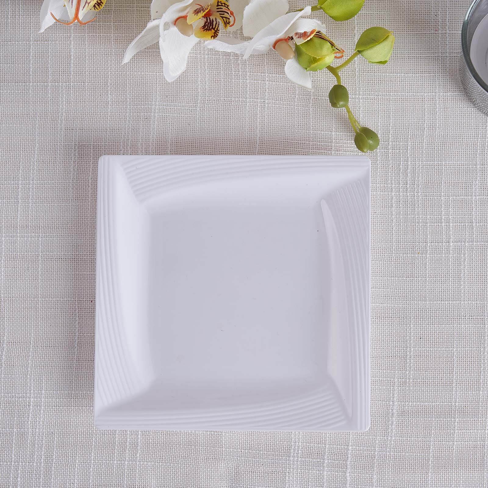 10-Pack Plastic 6" Square Dessert Plates in White with Geometric Ridge Trim - Disposable Appetizer Salad Plates for Stylish Gatherings & Celebrations