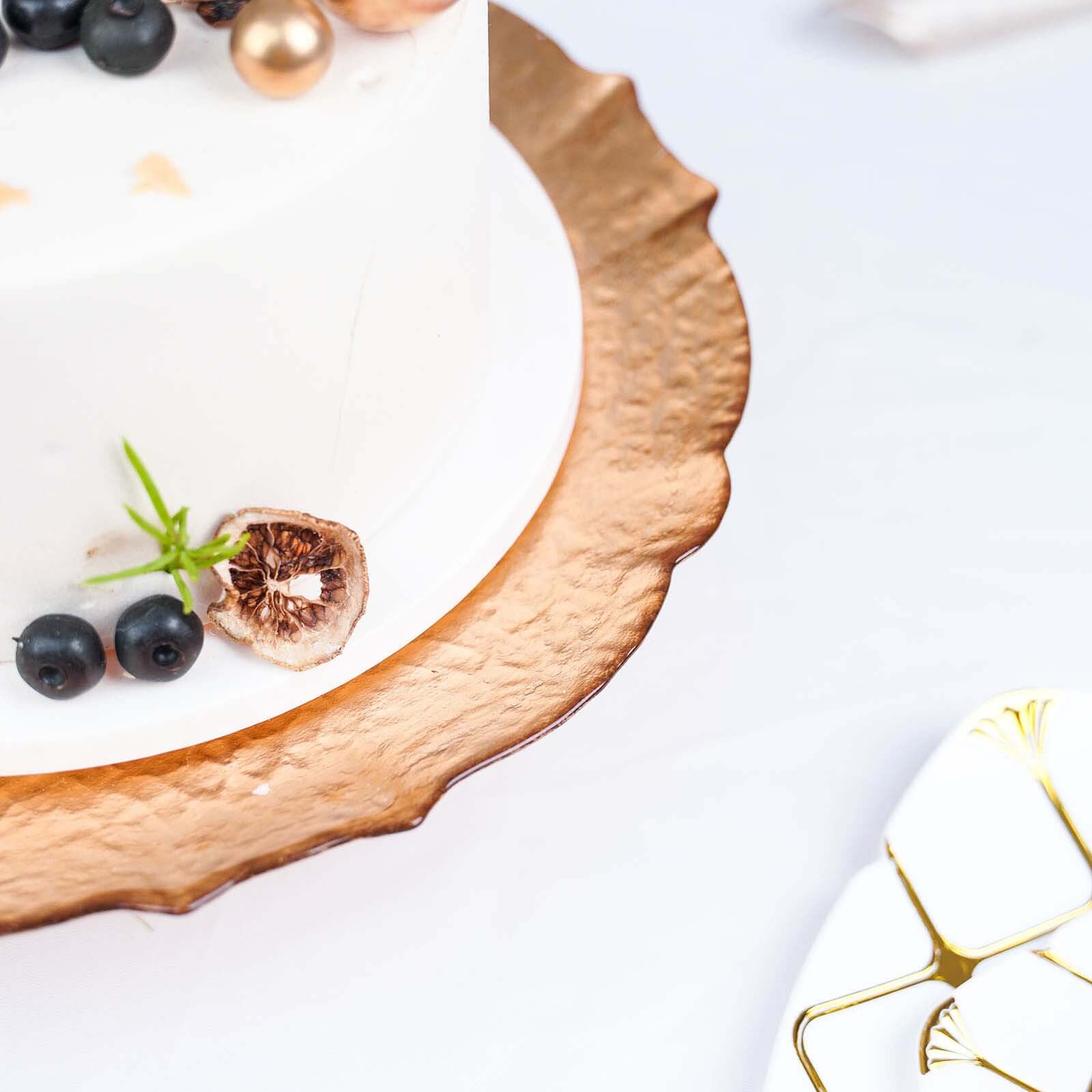 Glass Pedestal Cake Stand Scalloped Edge Design Rose Gold - Cupcake Holder and Dessert Display Plate 14"