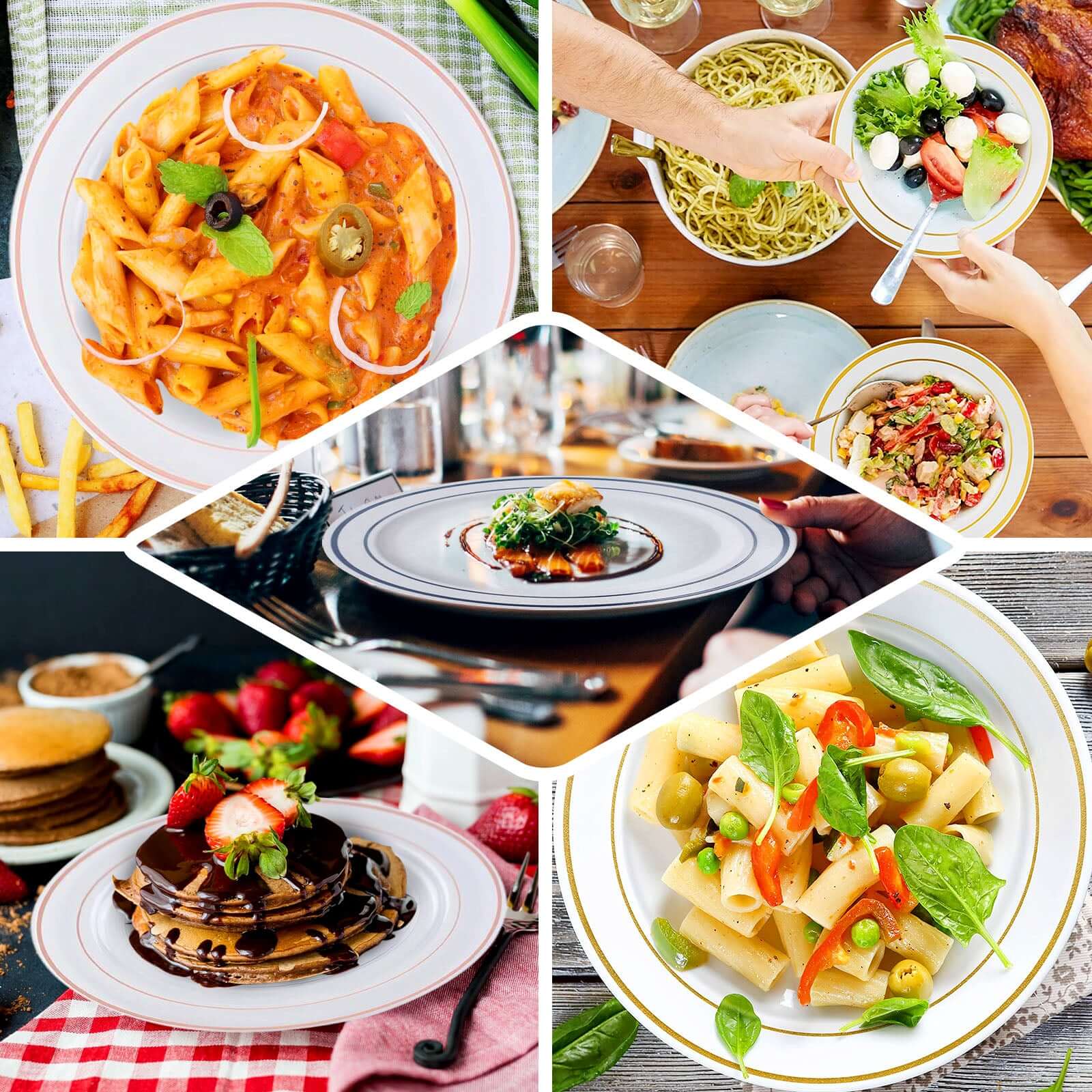 10-Pack Plastic Dessert Plates White with Très Chic Gold Rim - Disposable Plates for Parties 8"