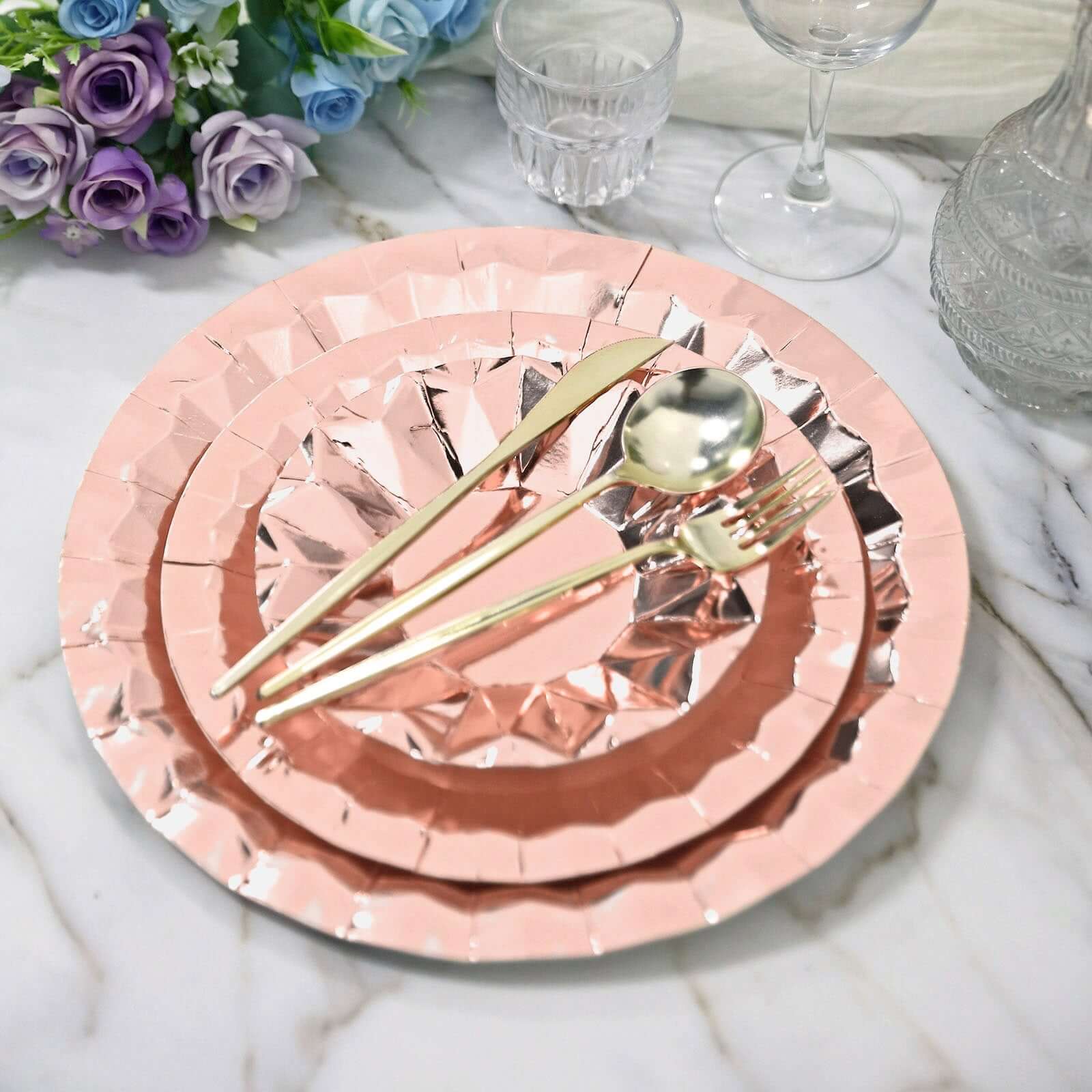 25-Pack Paper 12" Round Charger Plates in Metallic Rose Gold with Geometric Prism Design - Disposable 400GSM Serving Trays