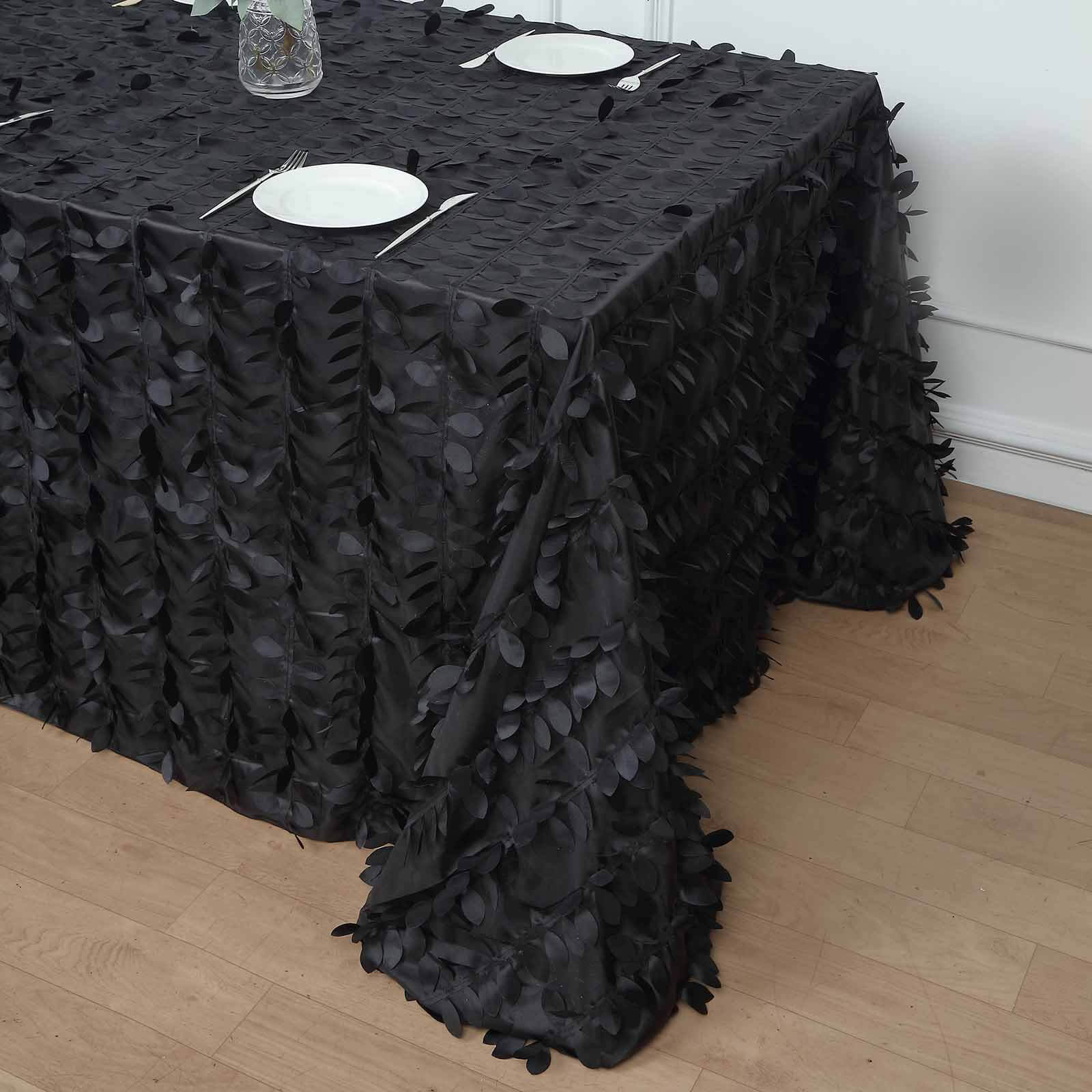 Taffeta 90"x132" Rectangle Tablecloth Black | 3D Leaf Petal Design Seamless Table Cover