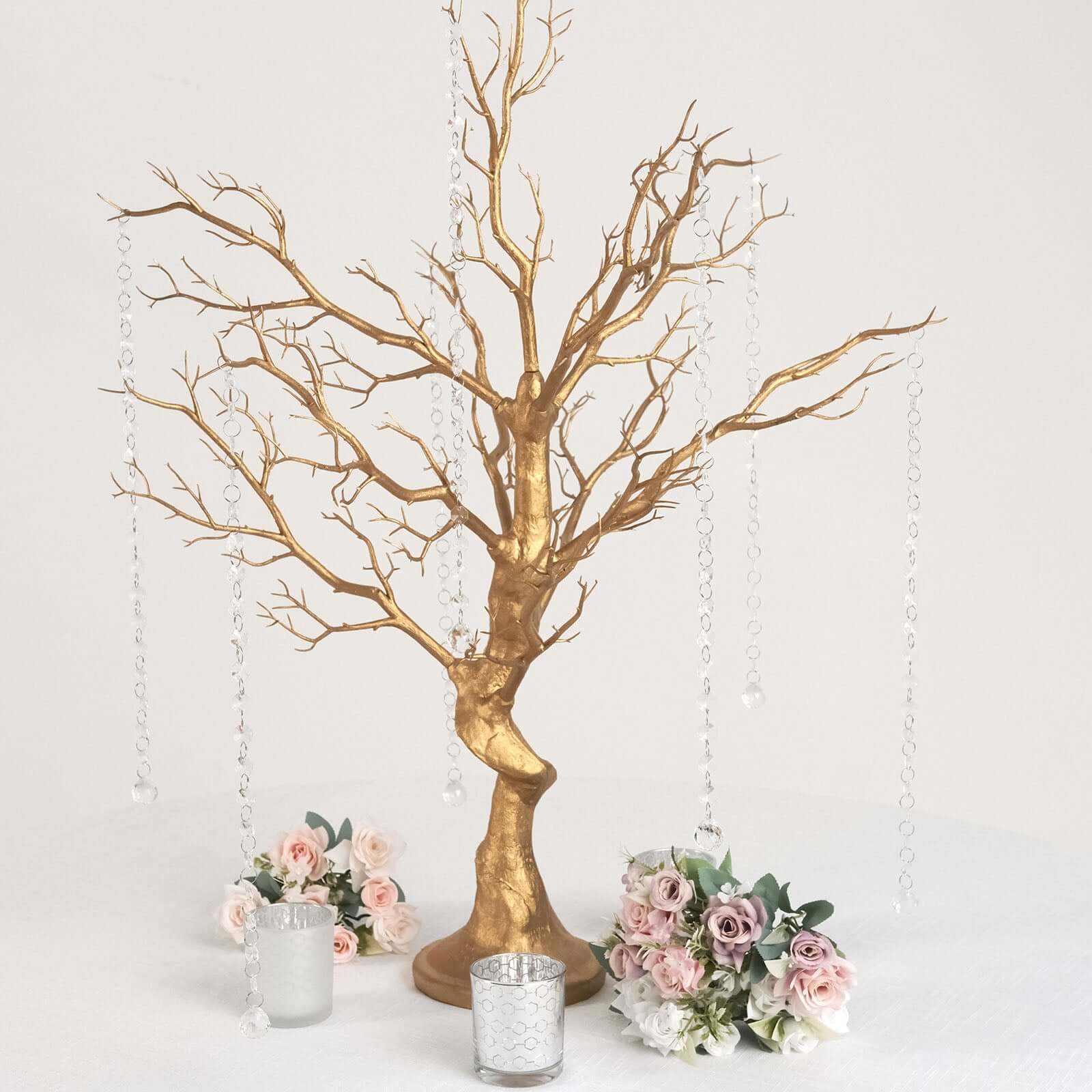 Manzanita Tree Centerpiece Metallic Gold with 8 Acrylic Bead Chains - Easy Assembly Decorative Artificial Tree for Modern Weddings Parties & Event Displays 34"