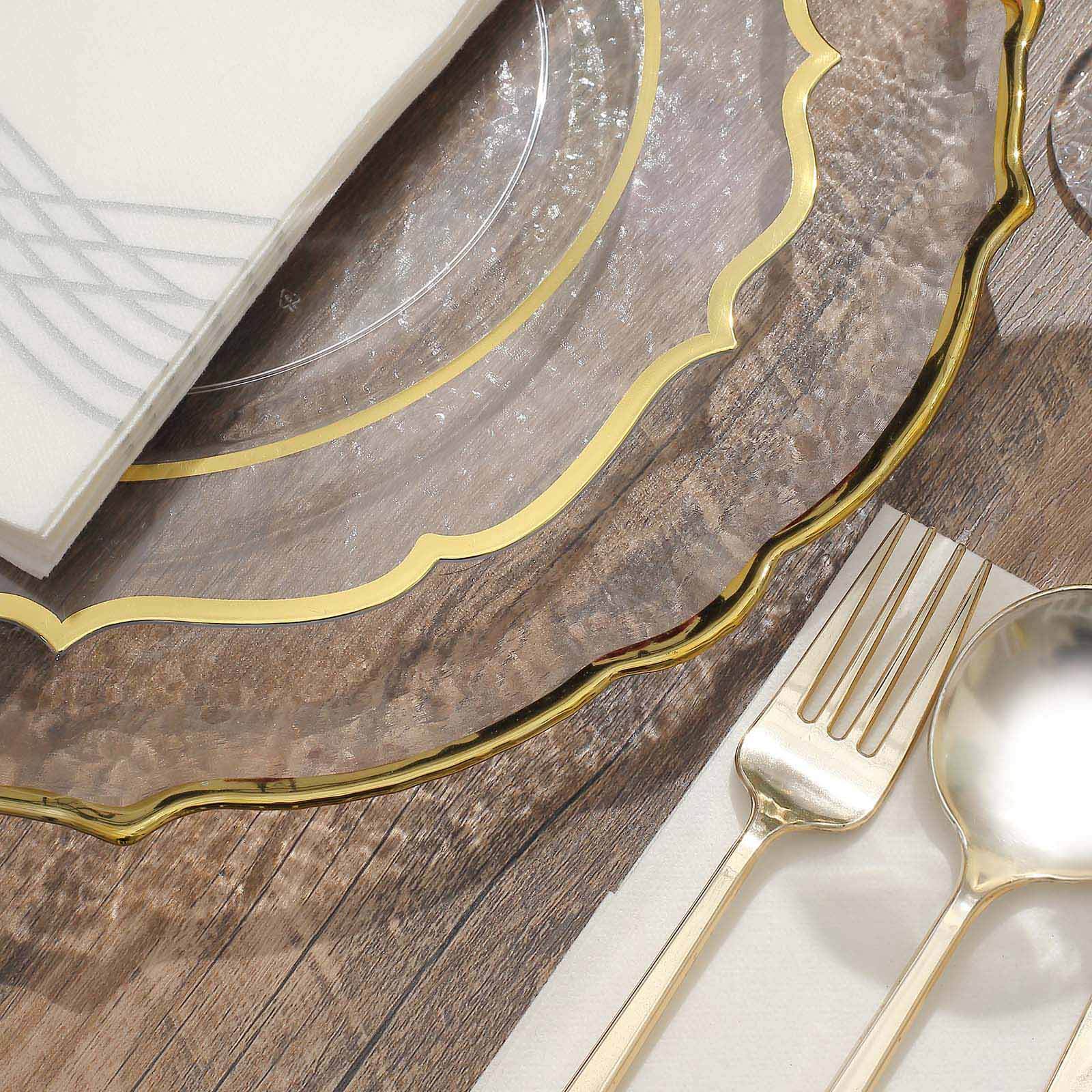 8-Pack Glass Round Charger Plates 13" in Clear with Gold Sunflower Scalloped Rim, Decorative Dinner Chargers