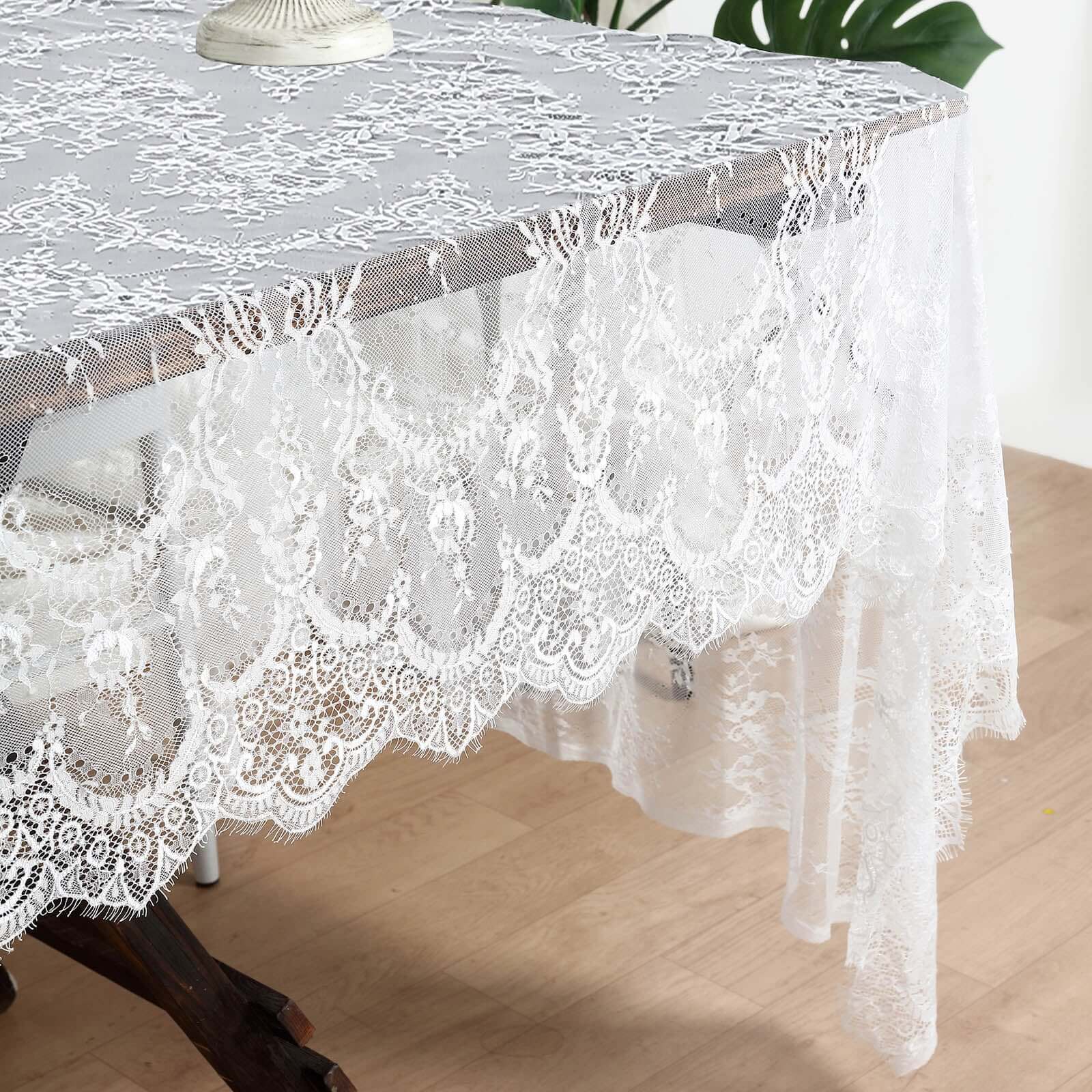Lace 60"x120" Rectangle Tablecloth White - Vintage Lace Design with Scalloped Frill Edges for Refined Occasions
