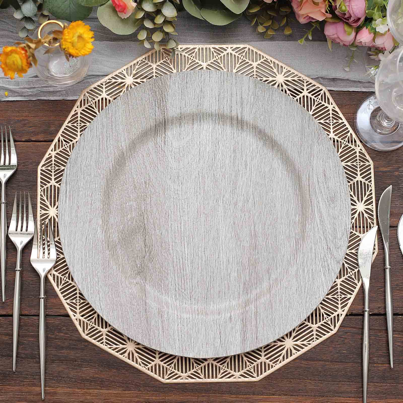 6-Pack Plastic Round Charger Plates 13" in Gray with Faux Wood Finish, Rustic Boho Chic Dinner Party Charger Tableware