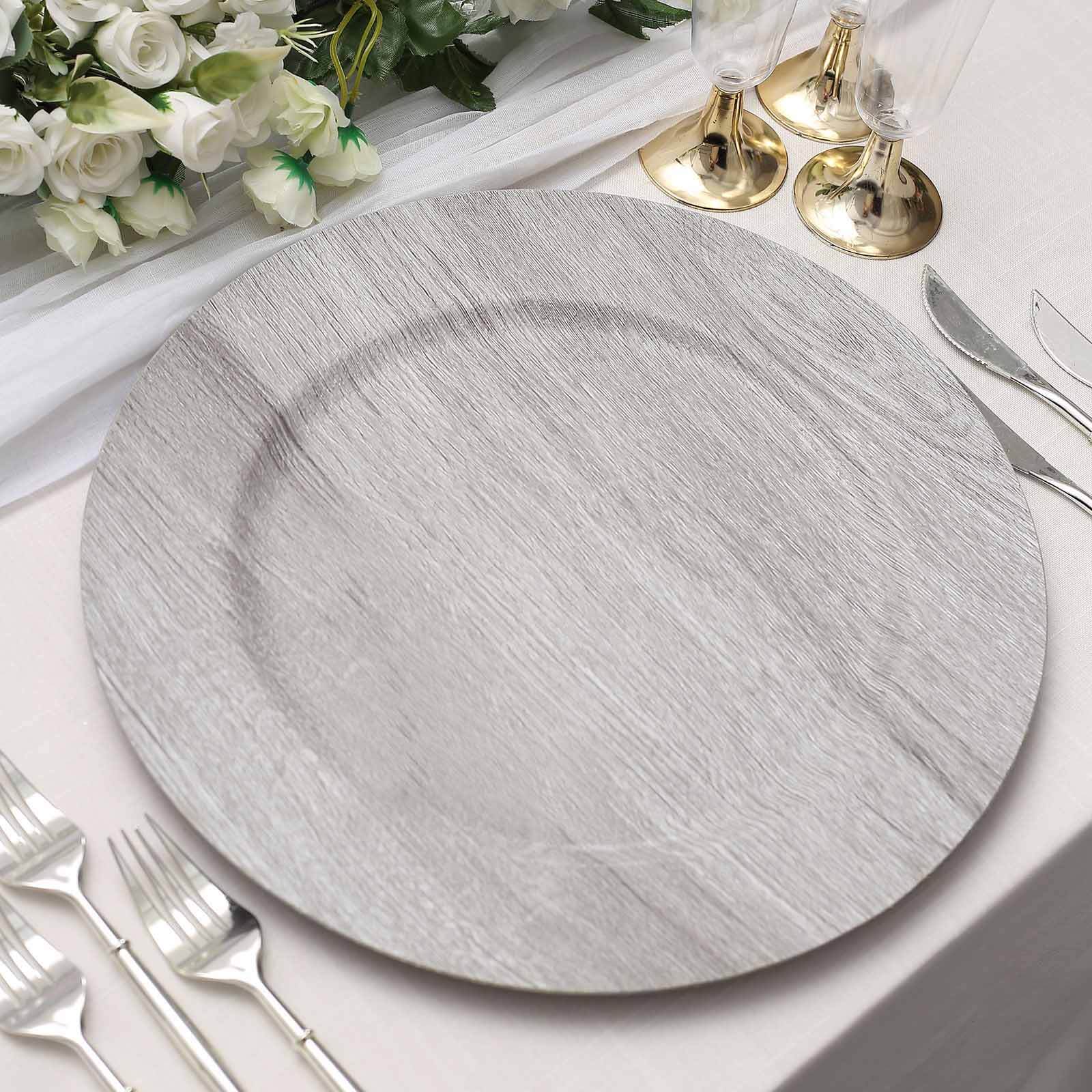 6-Pack Plastic Round Charger Plates 13" in Gray with Faux Wood Finish, Rustic Boho Chic Dinner Party Charger Tableware