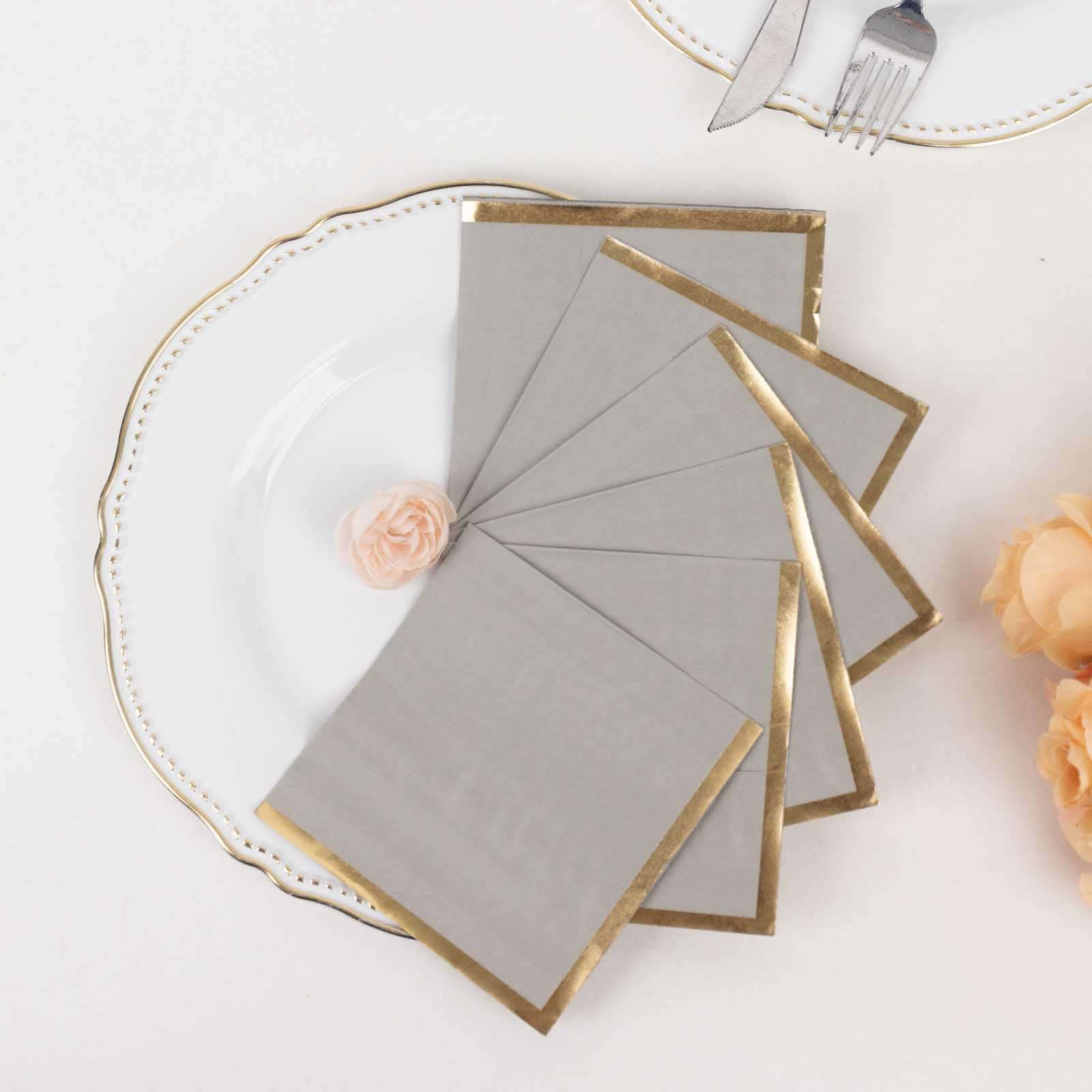 50-Pack Paper Beverage Napkins Gray with Gold Foil Edge - 2 Ply Disposable Soft 18GSM Cocktail Napkins 5"x5"