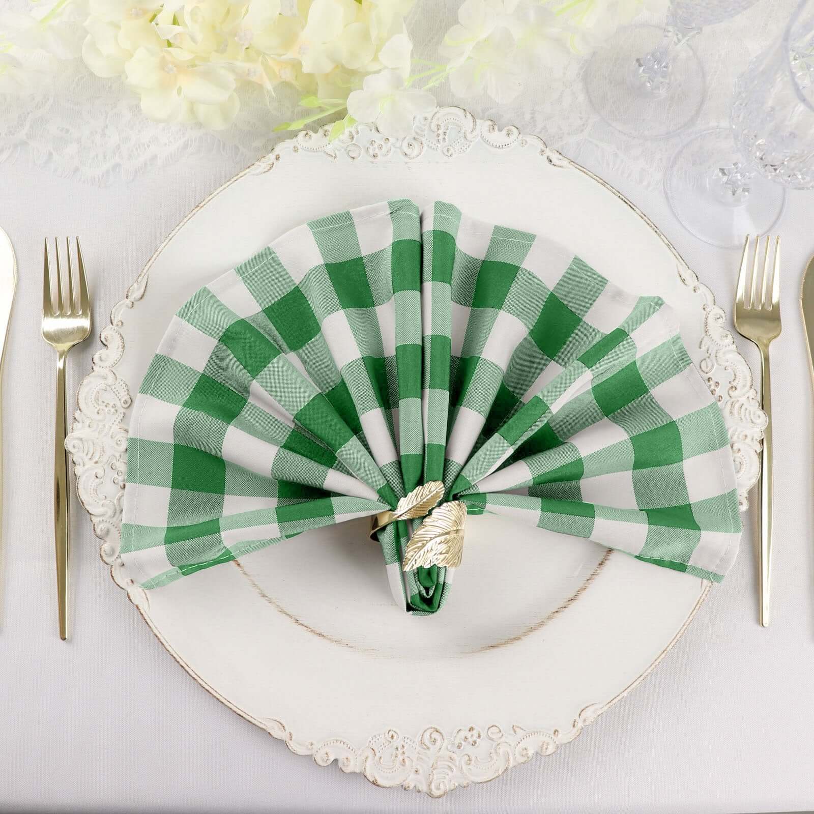 5 Pack Polyester 15"x15" Napkins Green/White Buffalo Plaid Gingham Style Cloth Napkins