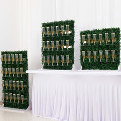 Set of 3 Champagne Wall Glass Holder Green - Tiered Faux Boxwood Stemware Rack Cocktail Display Drink Organizer for Classy Events & Banquets 24", 33", 42"