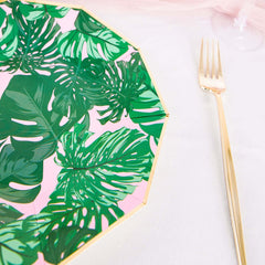 25-Pack Paper 9" Decagon Dinner Plates in Pink with Green Tropical Palm Leaves & Gold Rim - Disposable Geometric Party Plates for Luau & Summer Gatherings