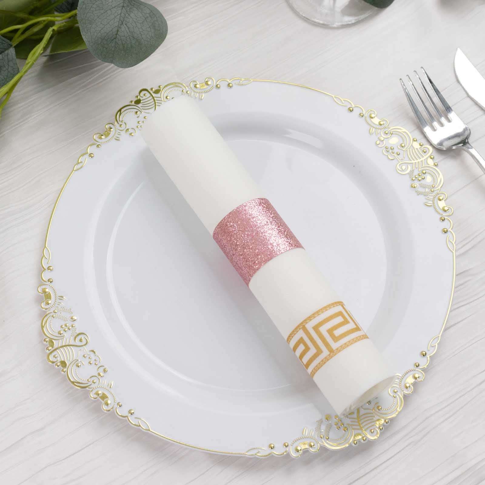 50-Pack Paper Napkin Rings Rose Gold Glitter - Stylish Disposable Napkin Holders 1.5"