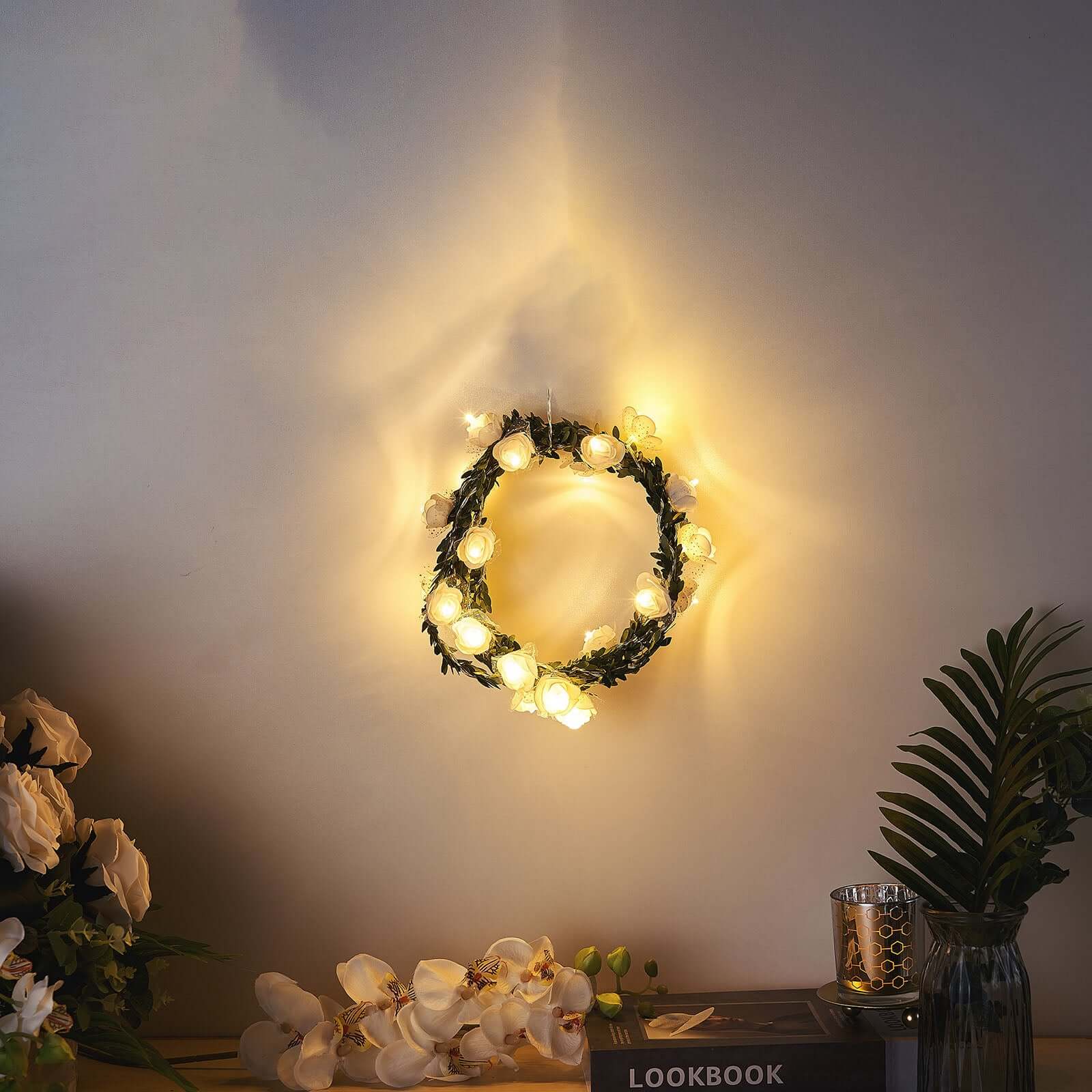 9ft Warm White 20 LED Artificial Rose Lace Flower Garland Vine Lights, Battery Operated String Lights