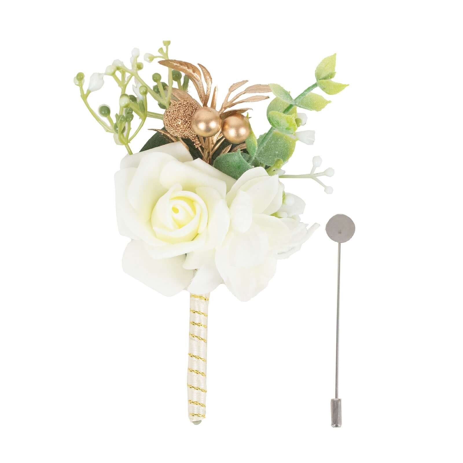 2 Pack White Artificial Rose Boutonniere With Pin, 5" Real Touch Silk Flower Pocket Square