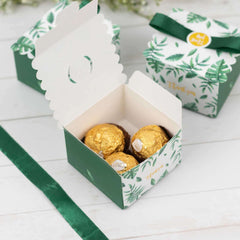 25 Pack Green Monstera Leaf Print Candy Gift Boxes with Satin Ribbon Bow, Thank You Cardstock Paper Party Favor Boxes - 2.5"x2.5"x2"