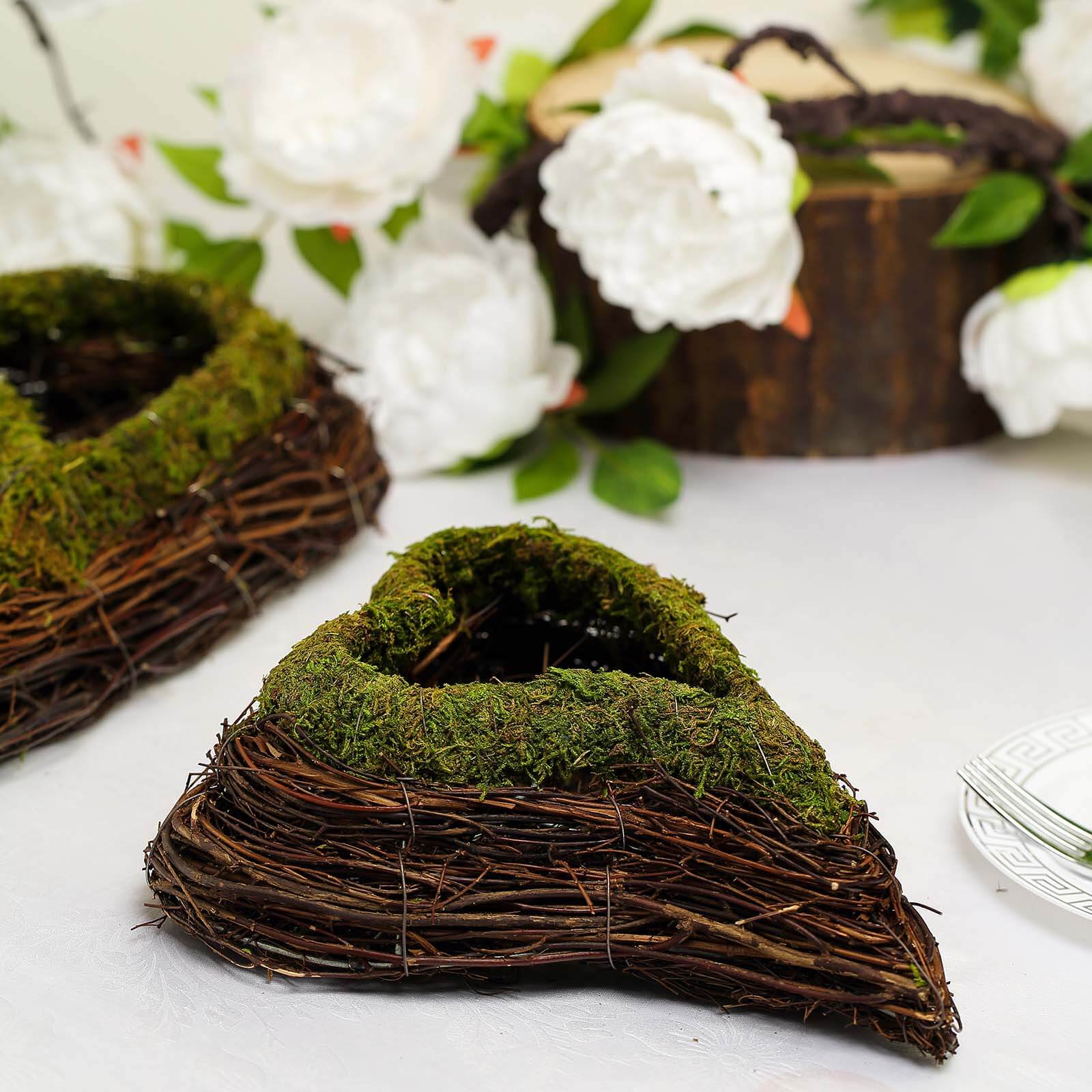 Set of 2 Heart Shaped Planter Boxes Preserved Moss Twigs Green - Flower Basket Centerpieces 14", 11"