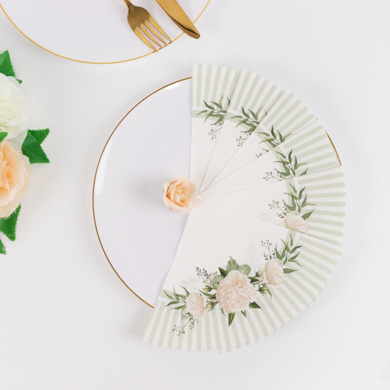 25-Pack Round Paper Cocktail Napkins with Floral Lined Pattern White/Sage Green - Disposable 2 Ply Beverage Napkins 12"