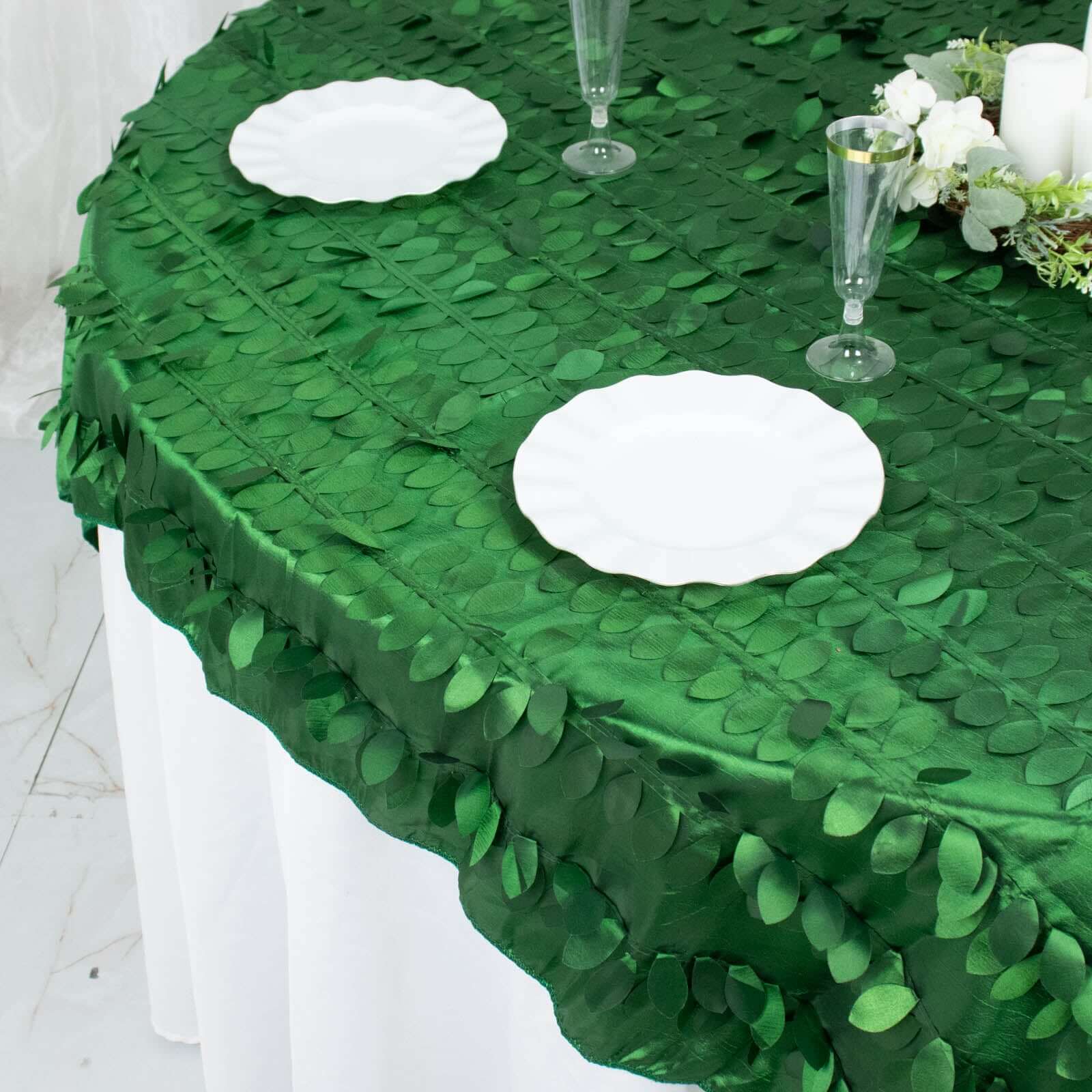 Taffeta 72"x72" Table Overlay Square Tablecloth Green - 3D Leaf Petal Table Cover