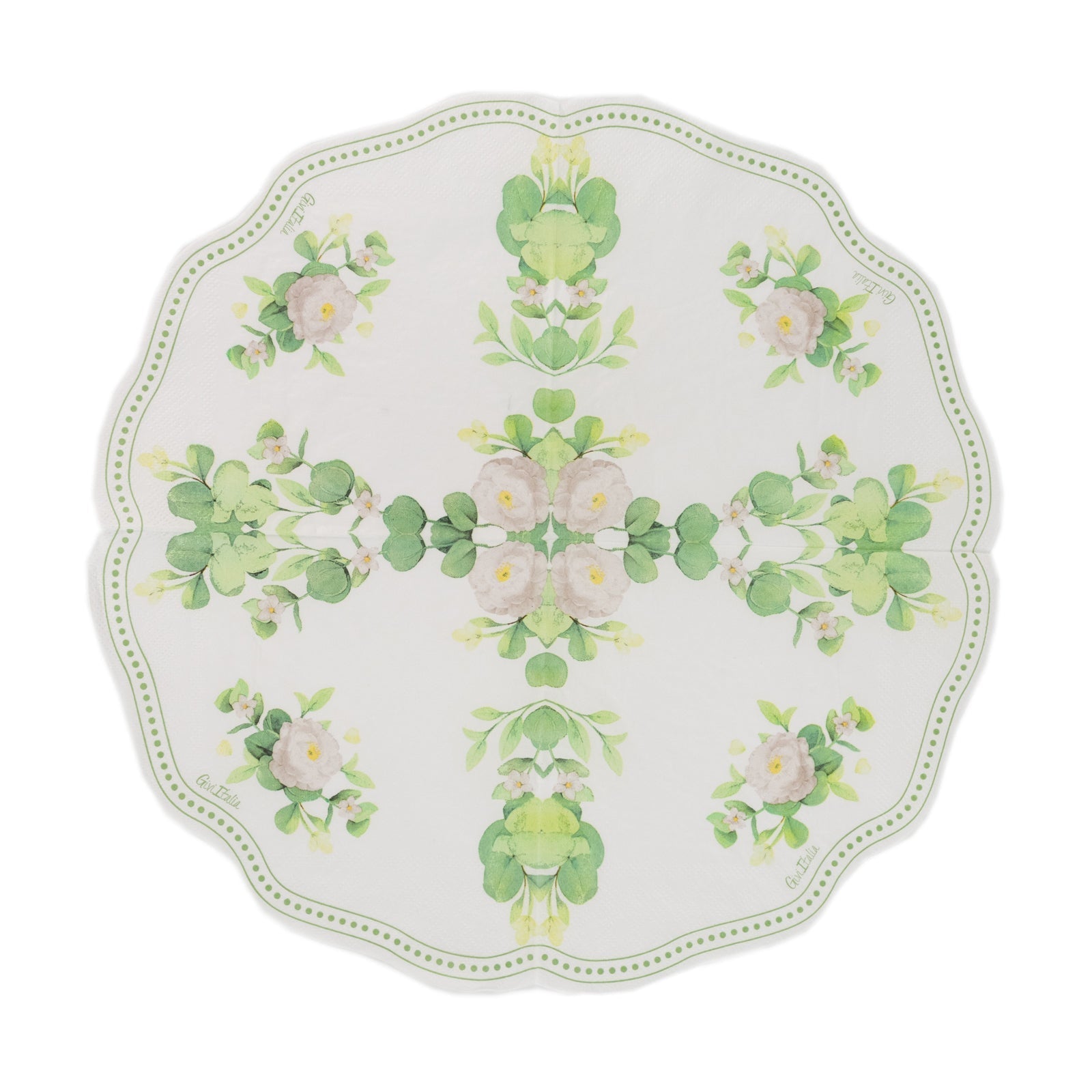 25-Pack Round Paper Cocktail Napkins with Floral Greenery and Scalloped Edge White - Disposable 2 Ply Beverage Napkins 12"