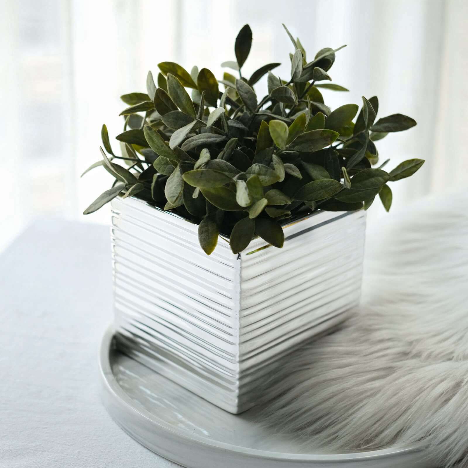2 Pack 5" Silver Brush Textured Ceramic Square Indoor Plant Pots, Cube Shaped Flower Box