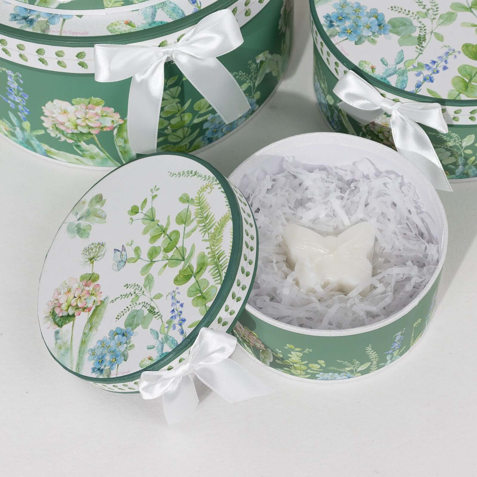 Set of 4 Cardstock Round Nesting Gift Boxes Greenery Theme Design - Decorative Heavy Duty Stackable Keepsake Boxes With Lids for Presents Storage & Pedestal Stand 5",7",8",9"