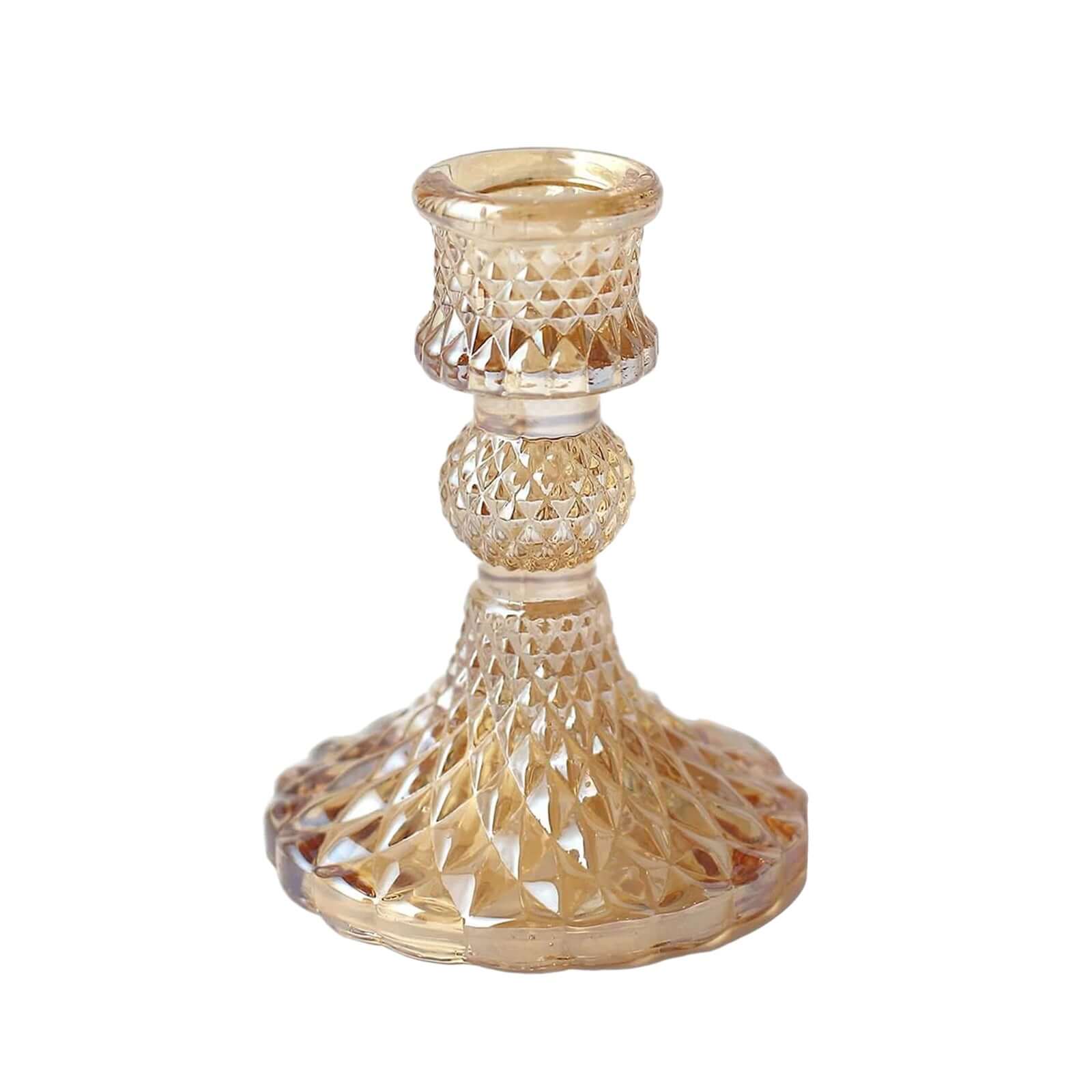 6-Pack Glass Taper Candlestick Holders Diamond Pattern Design Amber Gold - Reversible Crystal Pillar Votive Stands 4"
